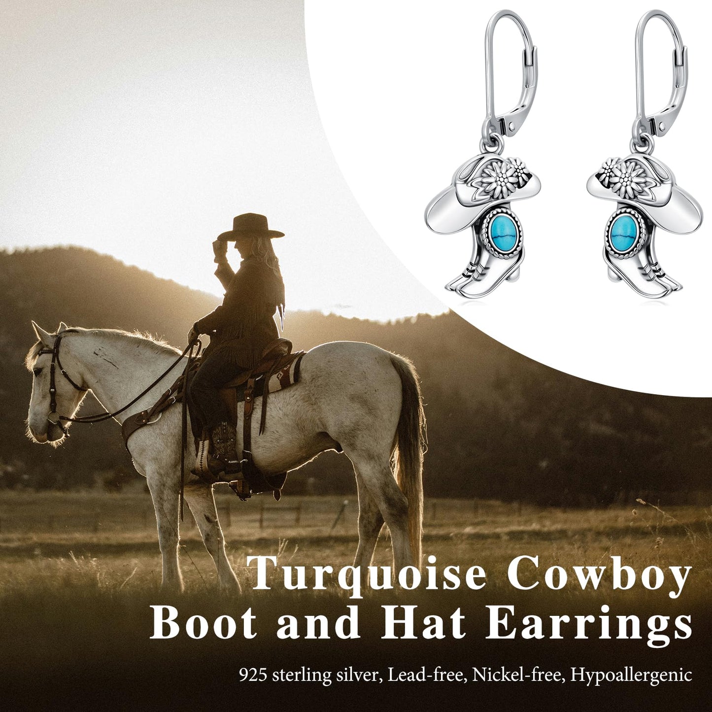 YYmqmq Turquoise Cowboy Boot Earrings 925 Sterling Silver Western Jewelry Cowgirl Hat Dangle Earrings Laverback Country Style Cowgirl Gifts for Women Girlfriend Her