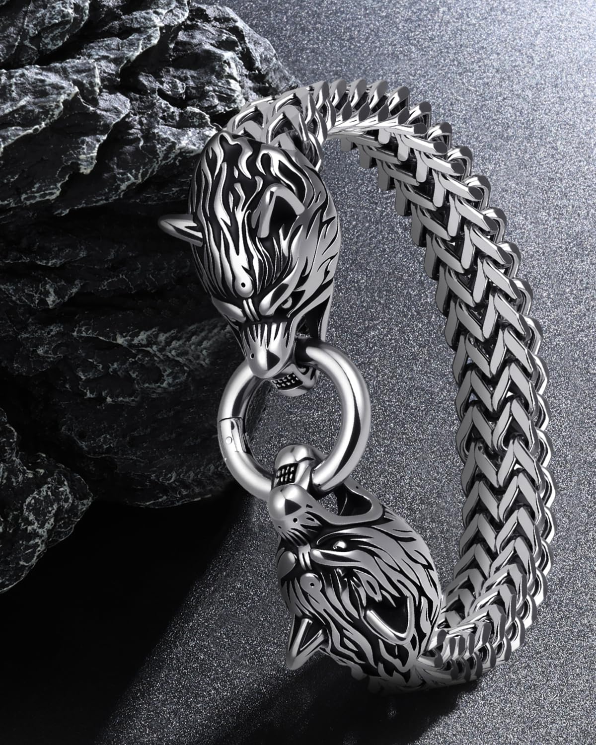 LuxGoth Stainless Steel Wolf Head Heavy Cuban Link Chain Bracelet Gothic Punk Rock Biker Vintage Viking Animal Franco Link Curb Bracelet Jewelry for Men Silver GTS-B1B45701