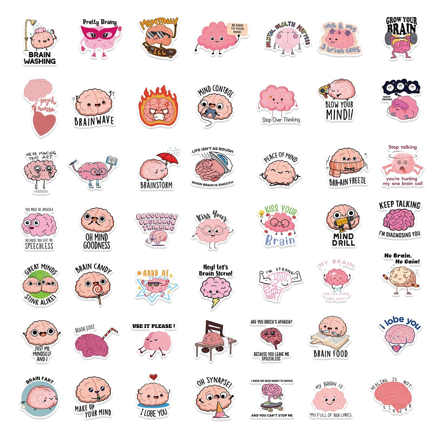 Funny Brain Stickers for Adults, 50PCS Cute Cartoon Brain Stickers Bulk,Vinyl Waterproof Mental Sticker for Water Bottle,Laptop,Phone,Scrapbook,Body Organ Biology Decals
