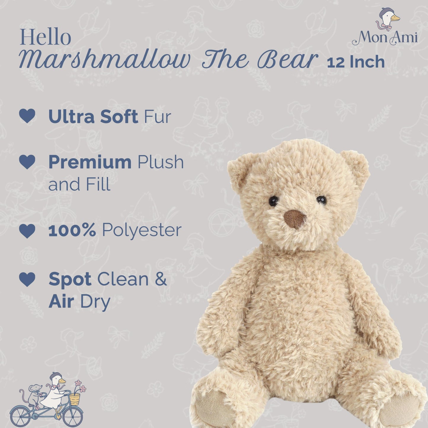 MON AMI Marshmallow Bear 12-Inch Stuffed Animal for Boys & Girls | Soft Teddy Bear Plush Toy | Cozy Snuggle Companion | Nursery Décor | Gift for All Ages