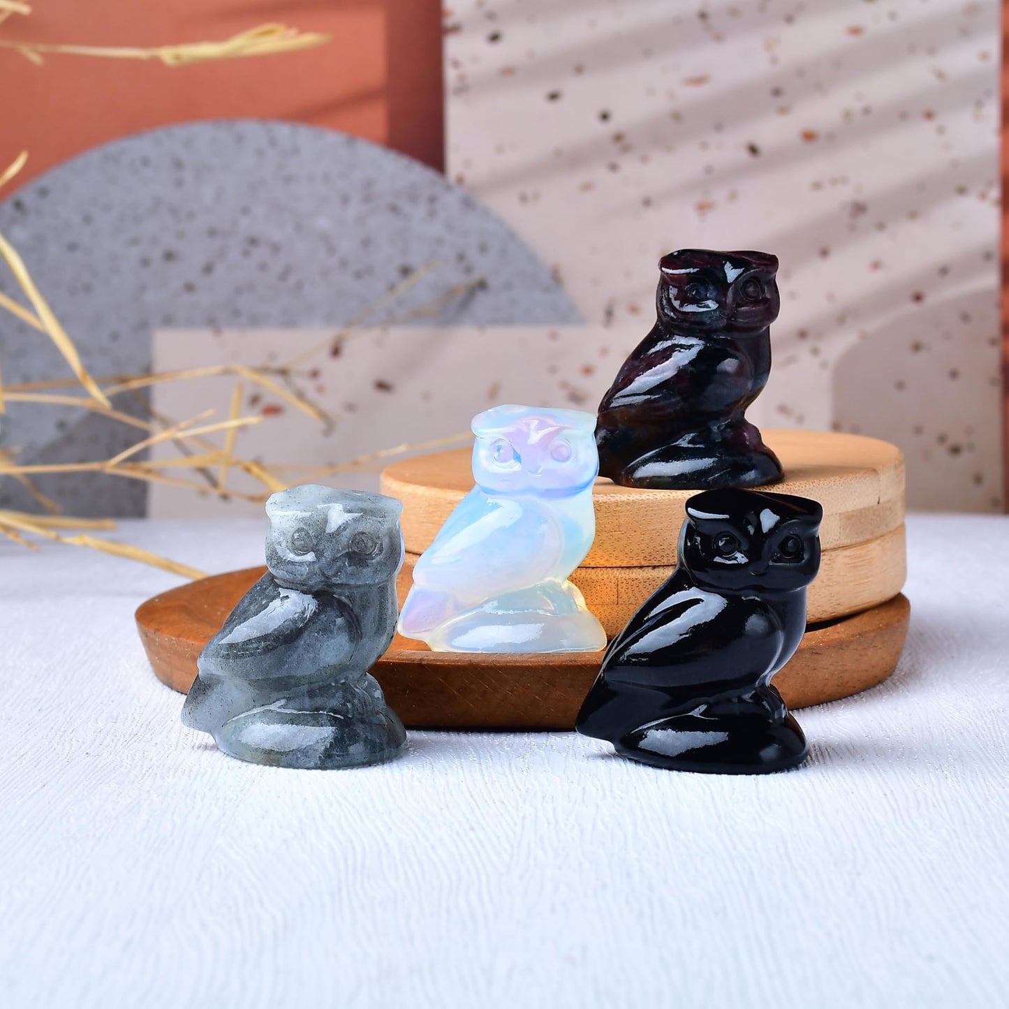 WUYOUSHI Opal Crystal Owl Figurine Hand Carved Lucky Stone Statue for Healing Home Office Decor Spiritual Gift for Women Men
