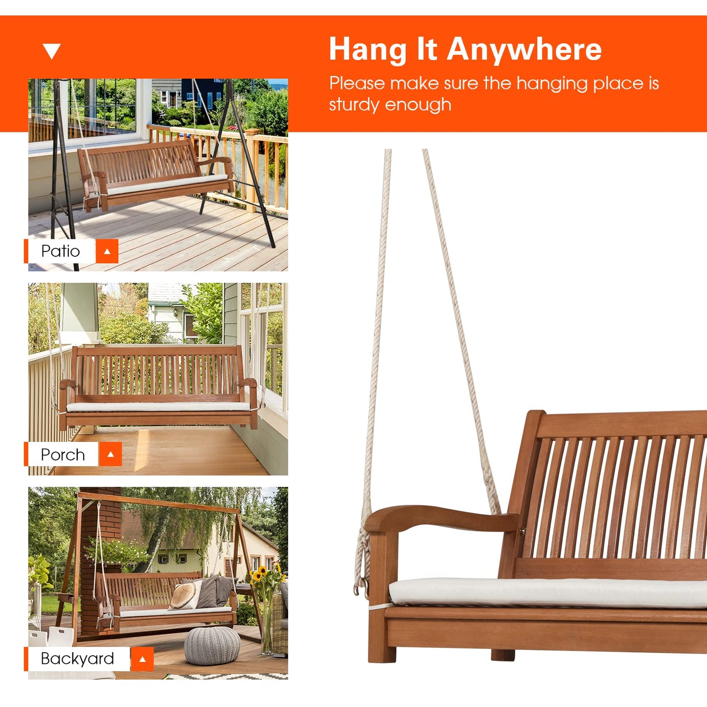Tangkula 2 Person Hanging Porch Swing, Outdoor Bench Swing with Hanging Ropes, High Back, Cozy Armrests, Heavy Duty 800Lbs Wooden Hanging Swing Chair with Cushion for Backyard, Deck, Garden Natural