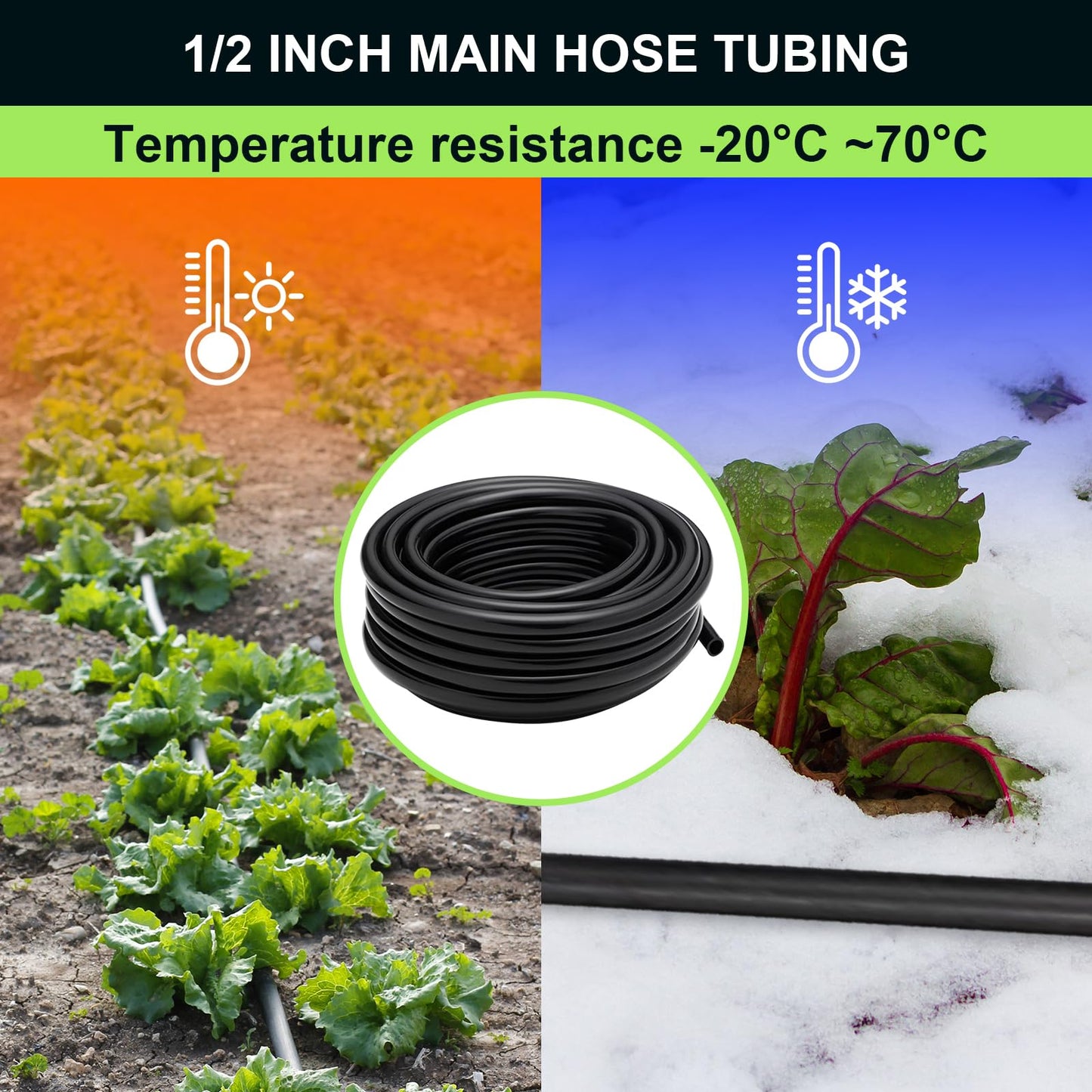 letesult 50FT 1/2 Inch Drip Irrigation Tubing Main Line Hose Tube, Drip Line Irrigation System Includes 2pcs 6-Way Connector & 1/2" Straight Connector & 3/4" to 1/2" Faucet Adapter for Garden Watering