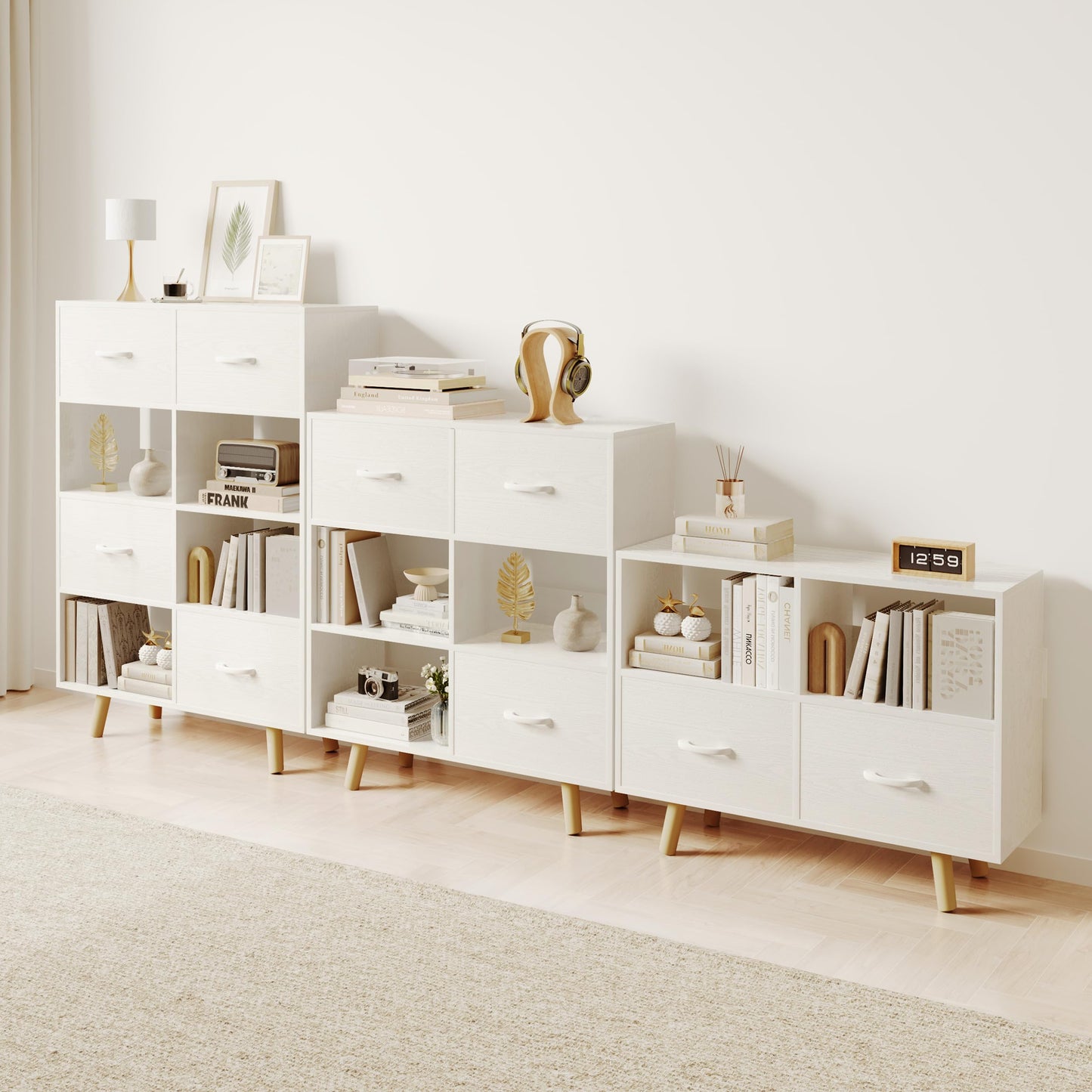 ELYUP Bookcase with Fabric Storage Bins - 6 Cube Organizer Display Bookshelf for Home Office, White