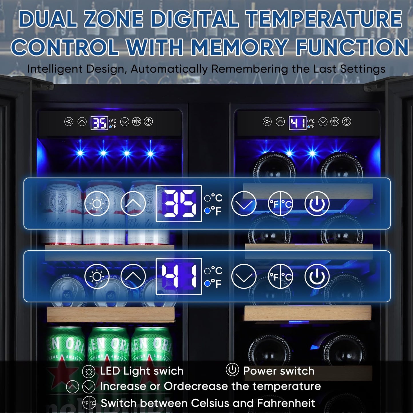 Wine and Beverage Refrigerator 24", Upgraded Dual Zone Wine Beverage Cooler with Glass Door and French Door, Large Capacity Beer Fridge Holds 21 Bottles & 88 Cans, Built-In or Freestanding - Black