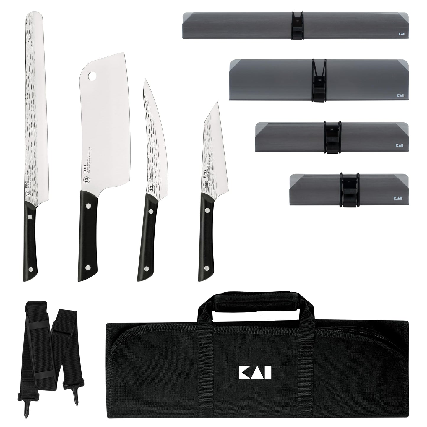 Kai PRO 5 Piece BBQ Set, Includes 7" Cleaver, 5" Asian Multi Prep, 6.5” Boning & Fillet, 12” Brisket Slicing Knives, 4 Blade Guards and Knife Roll, Handcrafted Japanese Knife Set