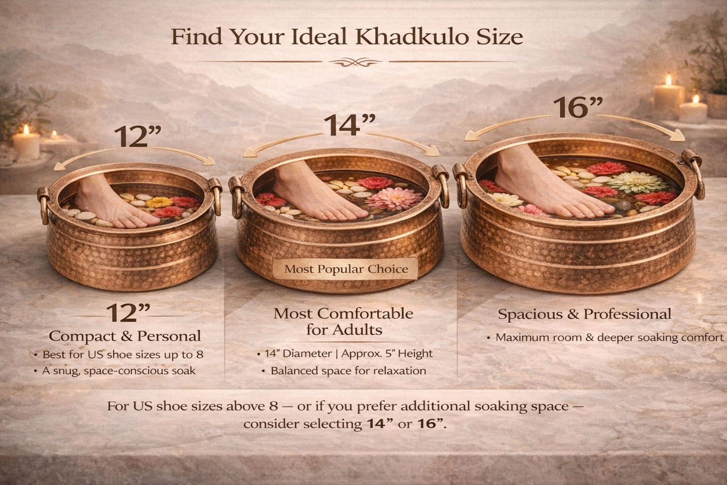 Pure Copper Khadkulo 11"-12” Foot Soak Bowl – Hand Hammered Nepali Foot Spa Basin for Pedicure & Relaxation – Compact Size for Small to Medium Feet – Decorative Flower & Candle Display