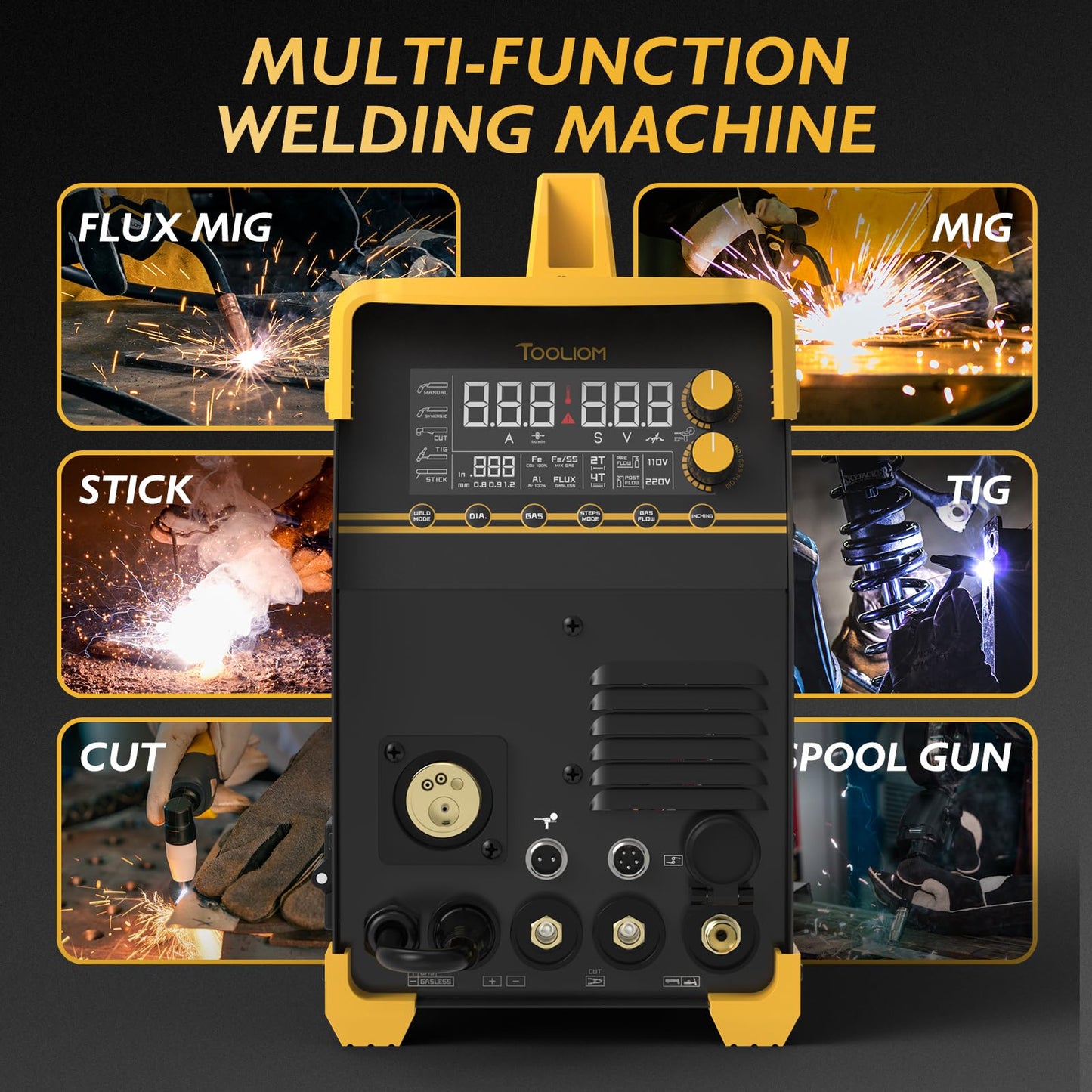 TOOLIOM MIG/TIG/CUT/Stick Welder 5 in 1 Multiprocess Welding Machine 110/220V Dual Voltage Aluminum Welding Machine Spool Gun Compatible