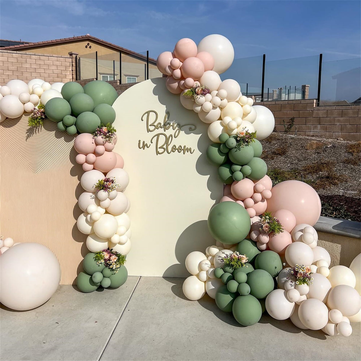 Baby in Bloom Balloon Arch Kit, 134Pcs Dusty Sage Green and Pastel Pale Pink Cream White Beige Light Gold Floral Balloon Garland for Girls Boho Baby Shower Flower Birthday Garden Tea Party Decorations