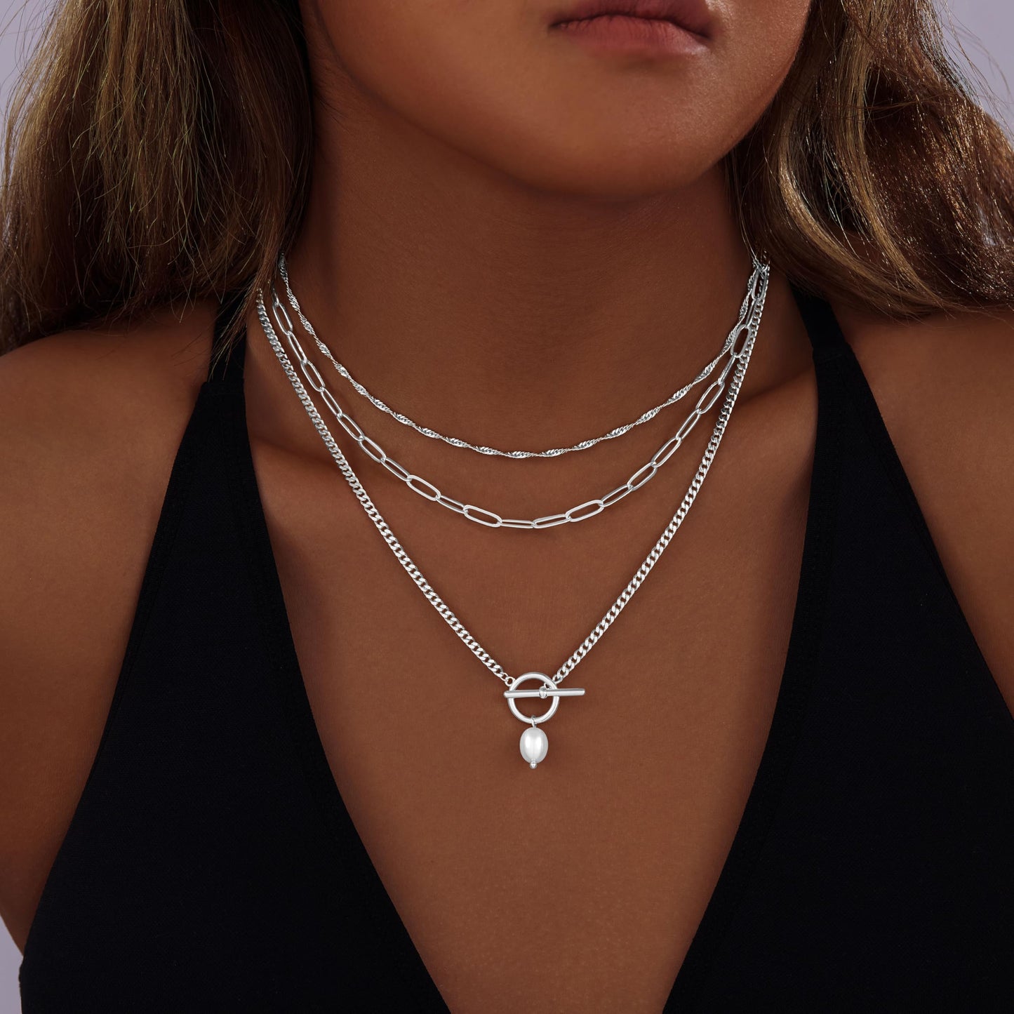 Layered Pearl Toggle Necklaces for Women Dainty Silver Plated Stack Trendy Choker Simple Paperclip Chain Pearl Pendant Toggle Necklace Jewelry Set Gifts for Women