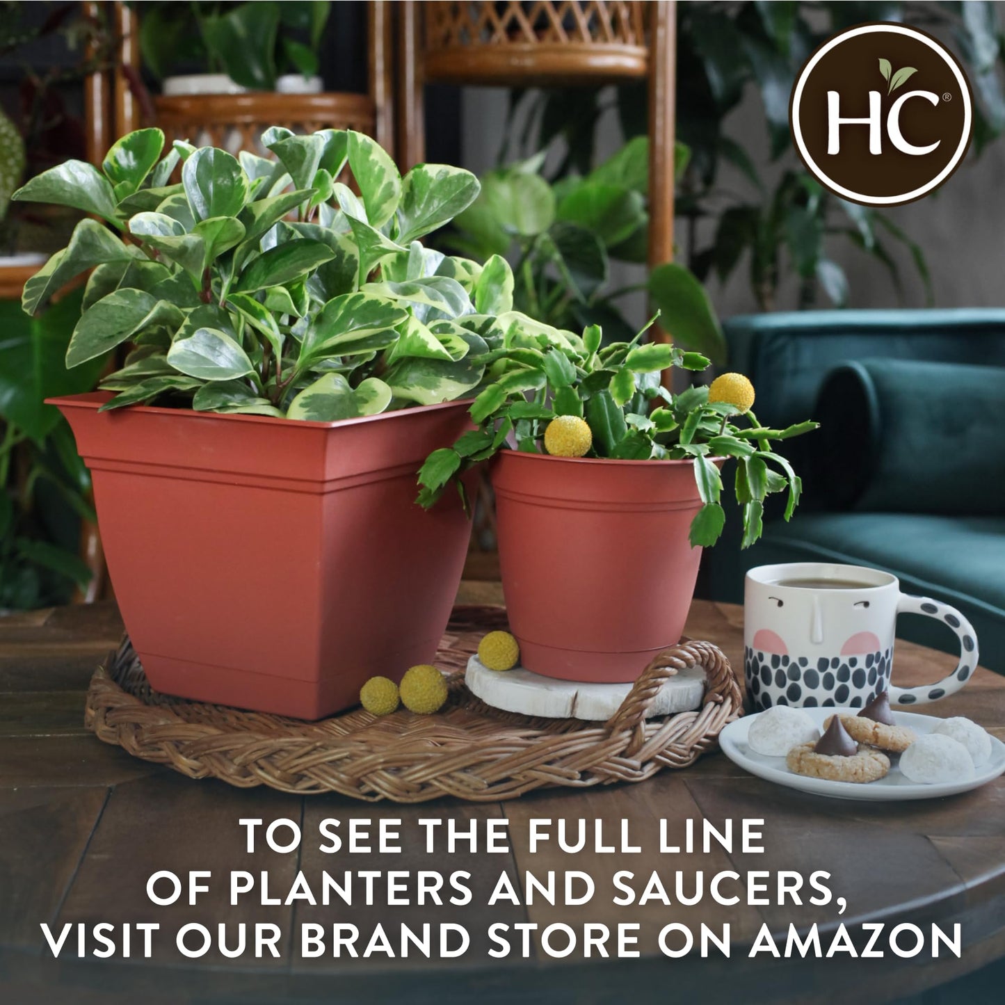 The HC Companies 8 Inch Eclipse Square Planter Pots with Drainage Holes & Attached Saucer, Lightweight UV-Resistant Plastic Indoor Outdoor Planters, 4-Pack Flower Pots, Garden Home Decor, Slate Blue
