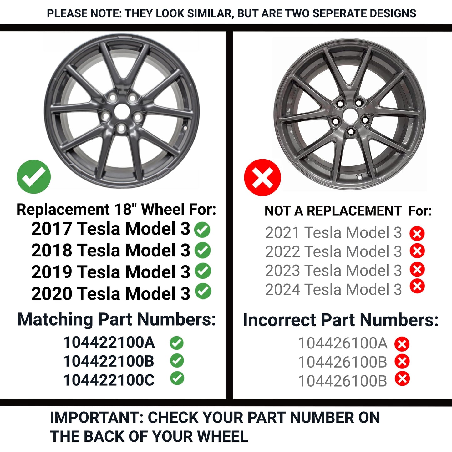 New 18 Inch Rim Wheel For Tesla Model 3 | OEM Style Aluminum Alloy for 2017 2018 2019 2020 Models | 18x8.5" | Direct Fit - OE Factory Rim for 104422100A 104422100B 104422100C Replacement Rims