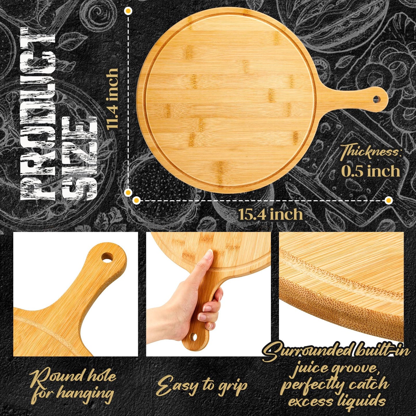 Nuenen 20 Pcs Round Wood Cutting Board with Handle Acacia Bamboo Wooden Serving Kitchen Chopping Boards for Pizza, Bread, Cheese, Charcuterie, Fruit, Vegetables (Bamboo)