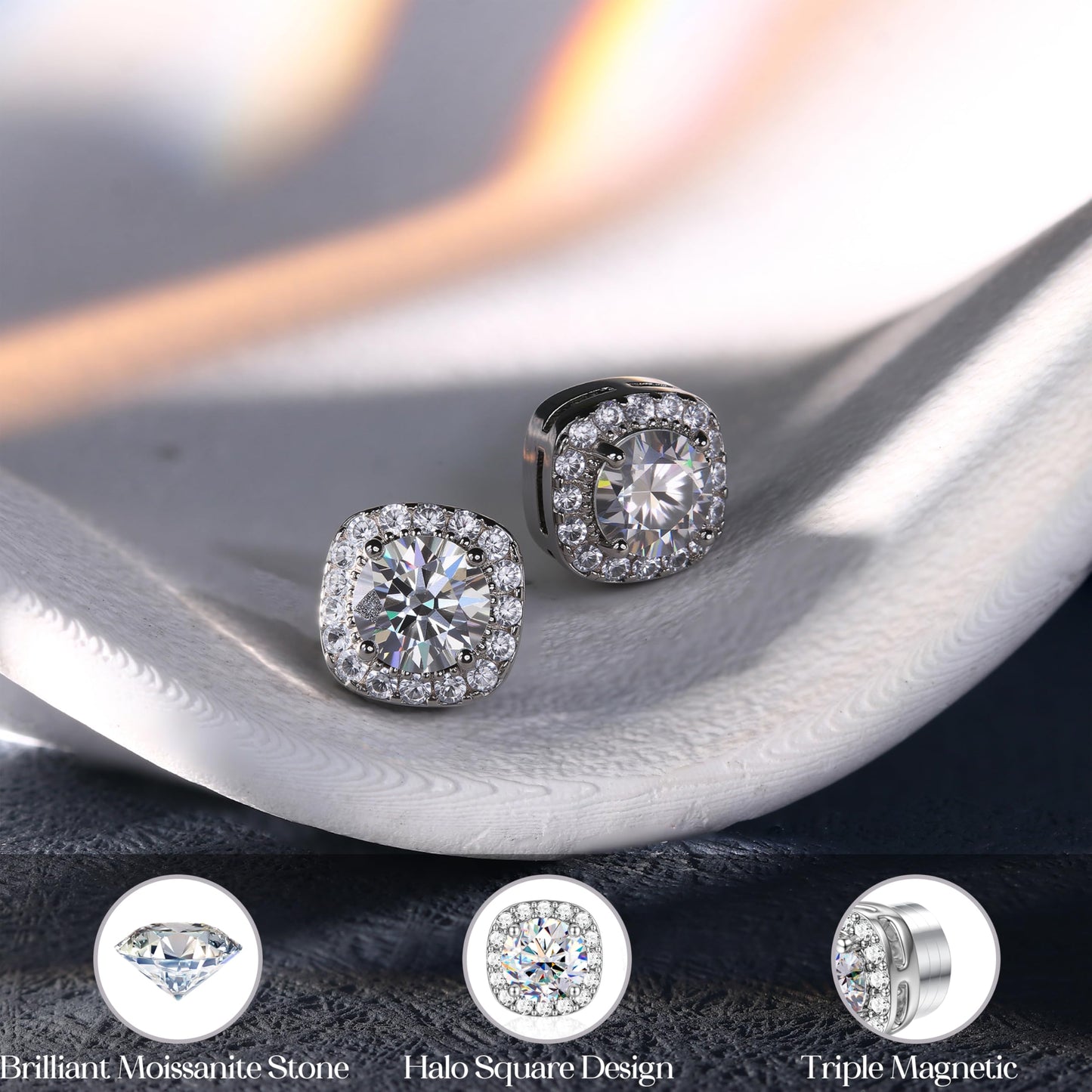 GEMQUEEN Moissanite Magnetic Earrings for Men : 18K White Gold Plated Hypoallergenic Stainless Steel Non Piercing Clip on Fake Earrings Studs Halo Square Diamonique Earring Women D Color VVS1 5MM