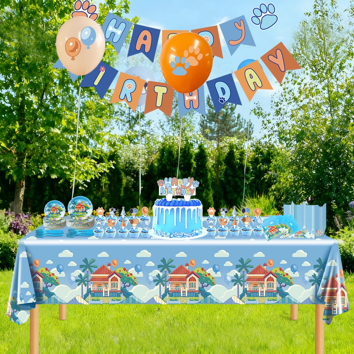 133PCS Blue Birthday Party Supplies - Serves 20 Guests,Blue Birthday Decorations, Blue Plates and Napkins, Tablecloth, Balloons, Banner, Cake Toppers, Fork & Paper Food Trays - Party Supplies