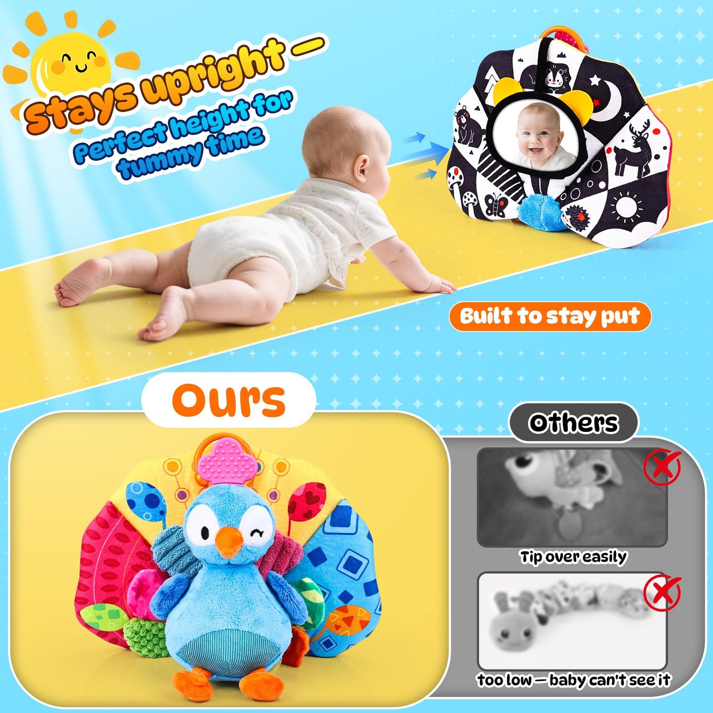 Baby Sensory Tummy Time Toys 0-3-6-12 Months, High Contrast Newborn Infant Peacock Toy, Washable Stuffed Animal Toy with Mirror Crinkle Rattle Teether,Baby Boy Girl Shower Gifts Easter Basket Stuffers