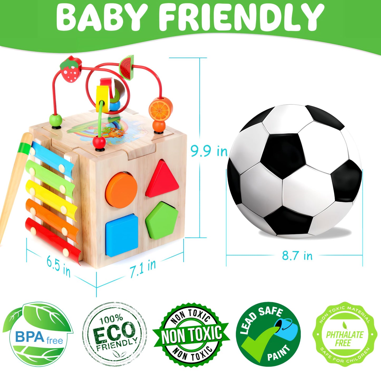 Batlofty Wooden Activity Cube, 8-in-1 Montessori Toys for 1 2 Year Old Girl Boy Toddler| Sensory Educational Learning Toys 12-18 Months | 1st Birthday Gifts, Bead Maze | Bonus Sorting & Stacking Board