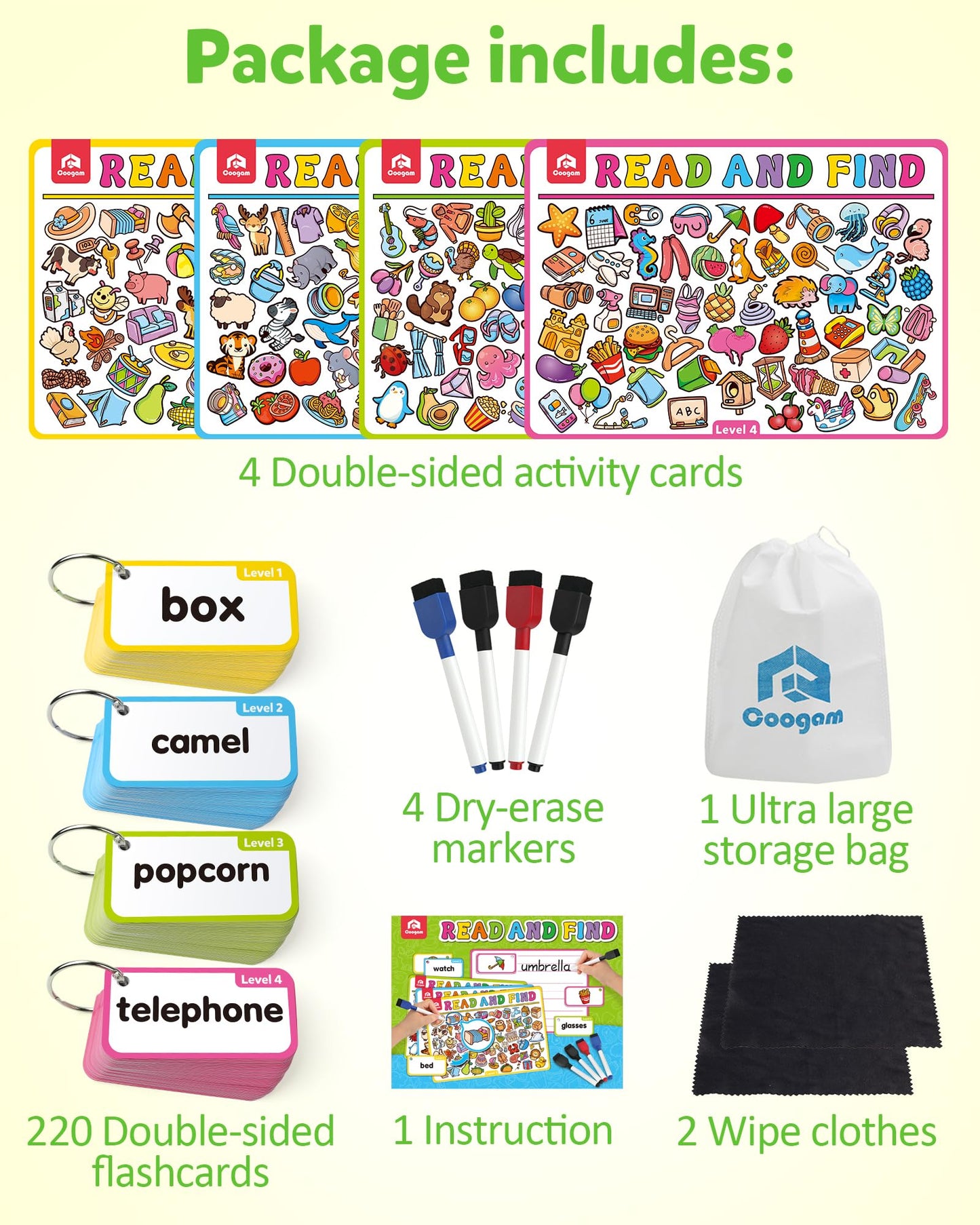 Coogam Search and Find Activity Cards for Kids, 220 Sign Words Dry Erase Busy Book Travel Games, Educational Montessori Toy Learning Flashcards for Kindergarten Preschool 3 4 5 Years Old Kids