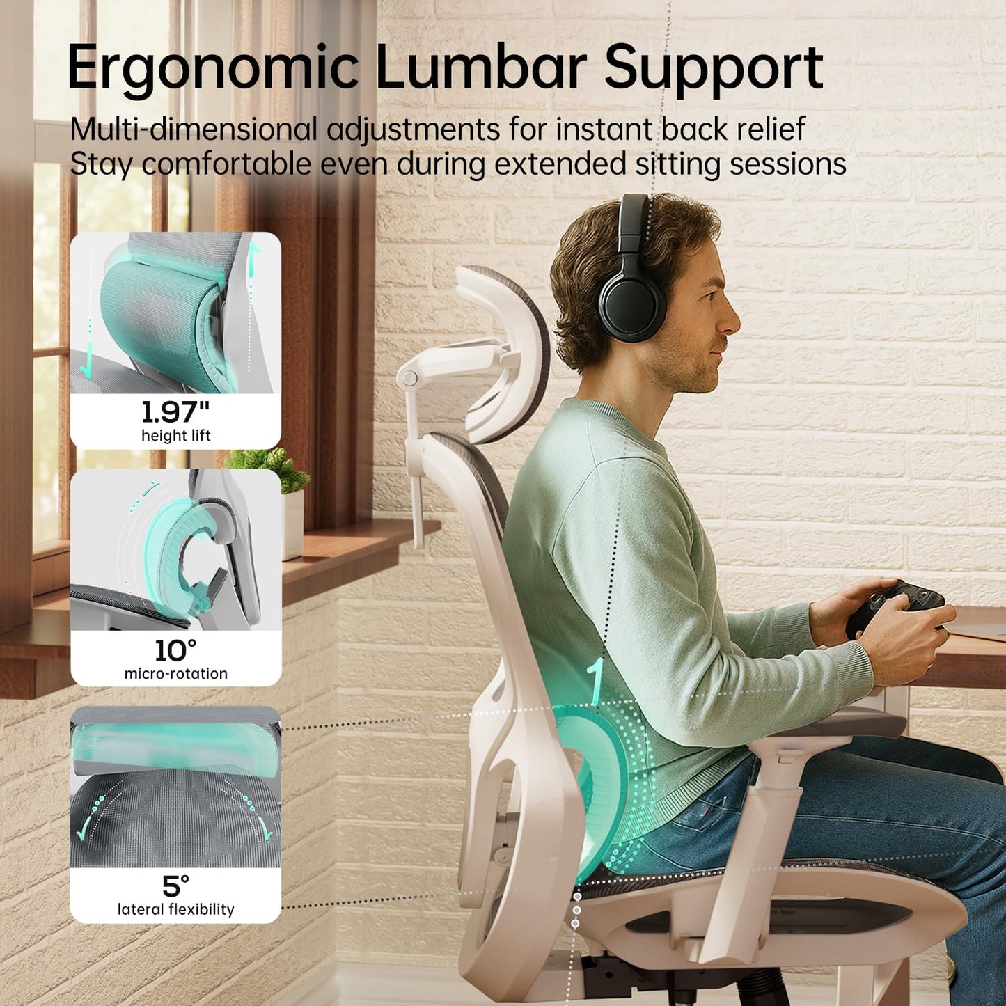 Hbada P2 Ergonomic Office Chair, Office Chair with 3D Lumbar Support, Mesh Chair with 3D 360° Rotation Arms, 3D Headrest & Comfortable Seat, 135° Stepless Tilt Function, White