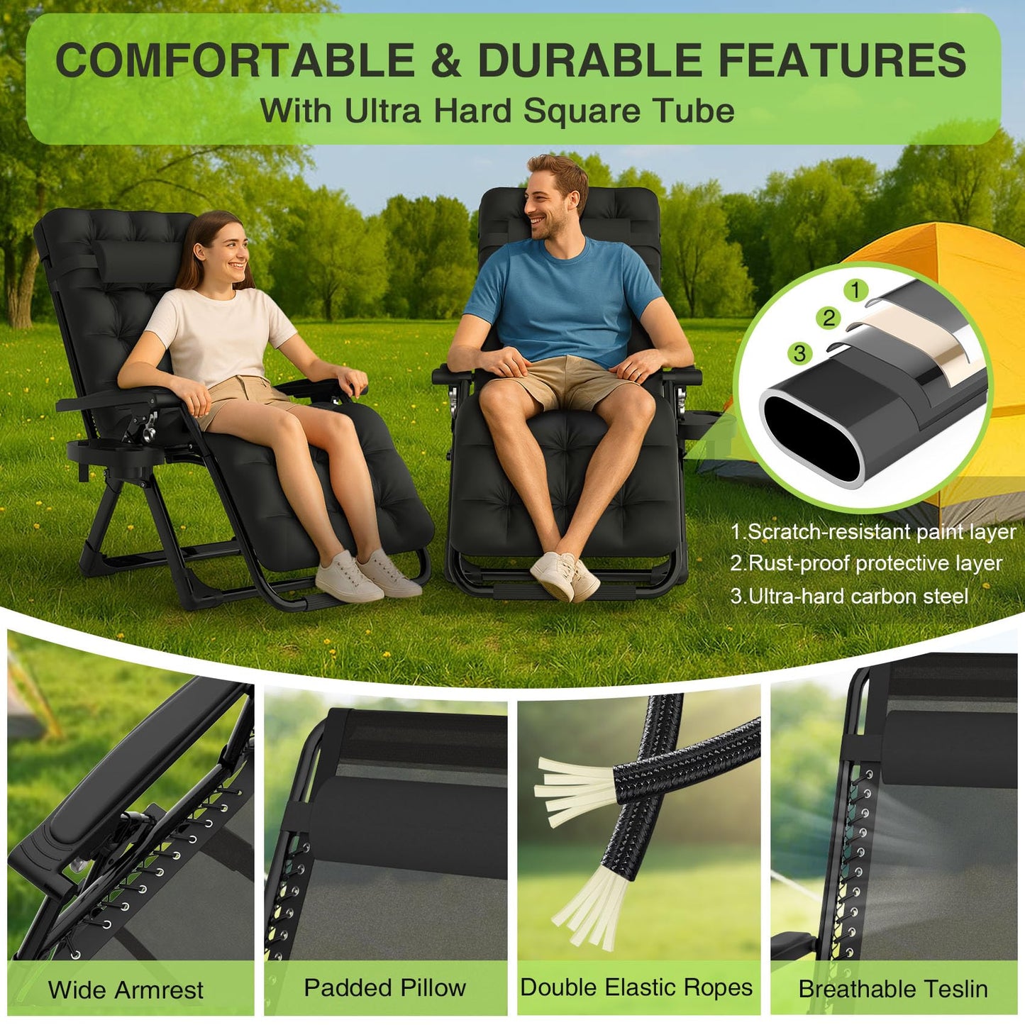 Suteck Zero Gravity Chair, Reclining Camping Lounge Chair w/Removable Cushion, Upgraded Lock and Cup Holder, Reclining Patio Chairs Folding Recliner for Indoor and Outdoor
