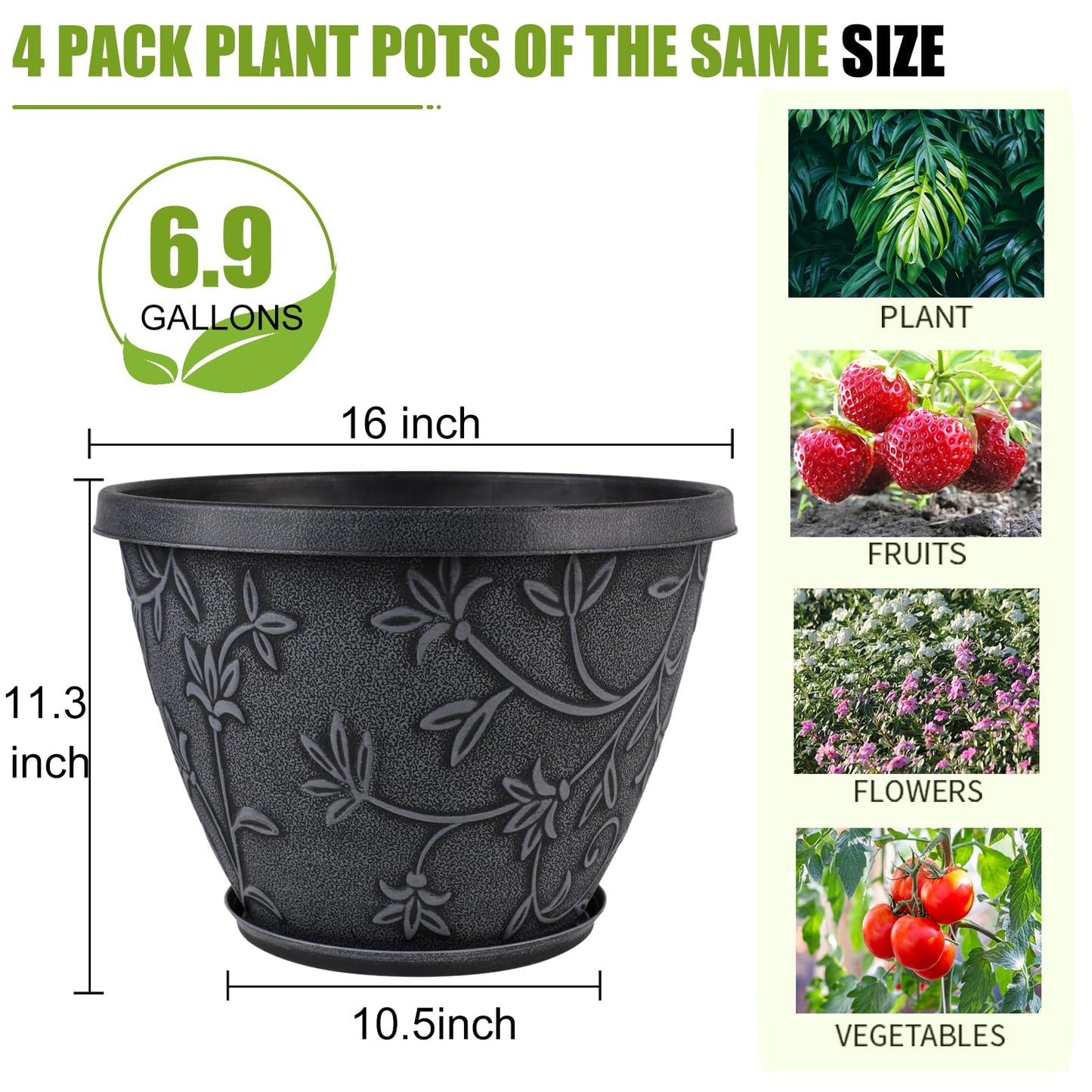 Nooulap 4 Pack 16 Inch Large Plant Pot for Outdoor, Plastic Flower Pot Indoor with Drainage Hole & Saucer, Modern Decorative Garden Pot, Imitation Magnolia Garden Pots for House Planters(Gray)
