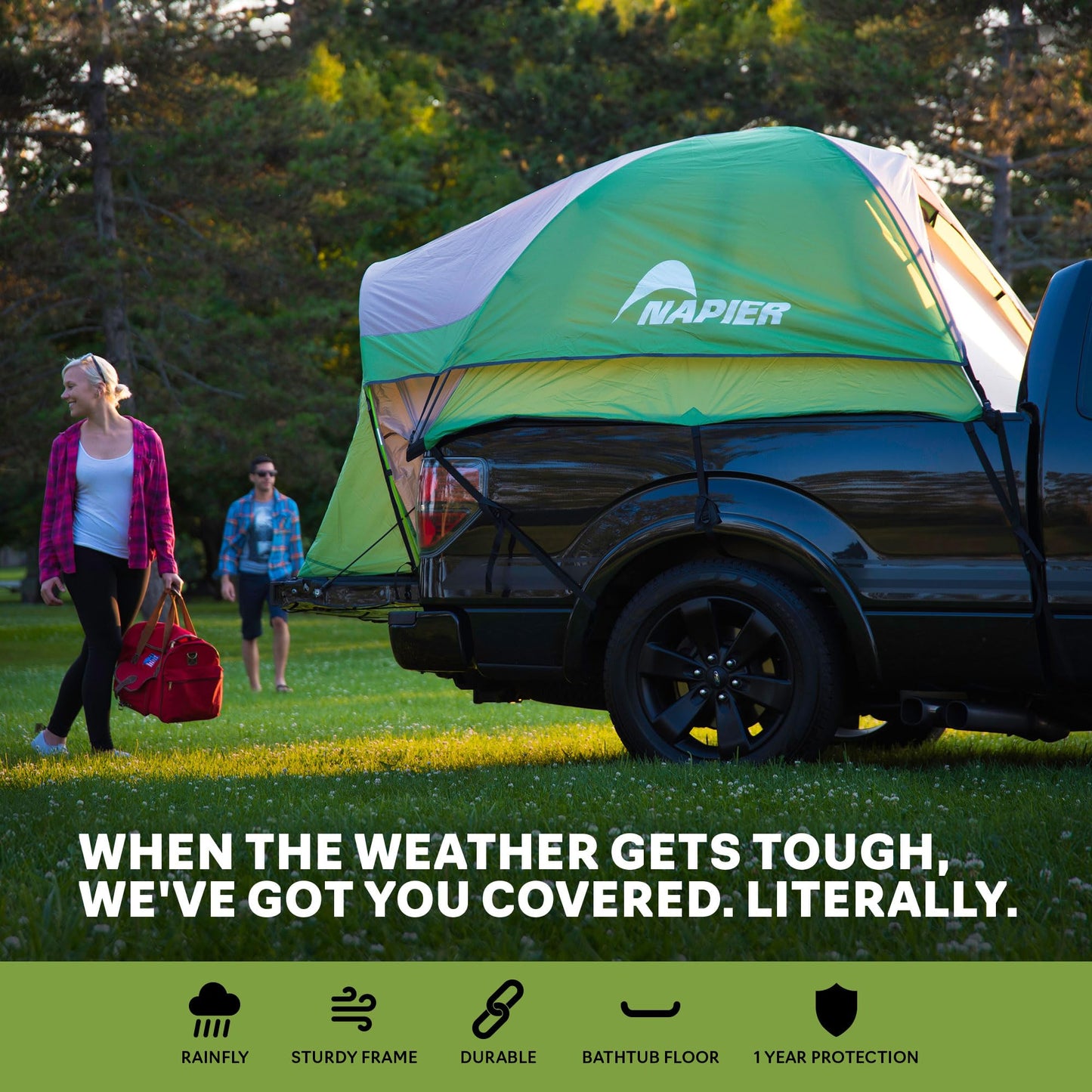 Napier Backroadz Truck Tent 13 Series | Pickup Truck Bed Camping Tent | Rainfly for Water Protection | Sturdy and Spacious 2-Person Truck Bed Tent | Easy 10-Minute Setup | Green/Gray