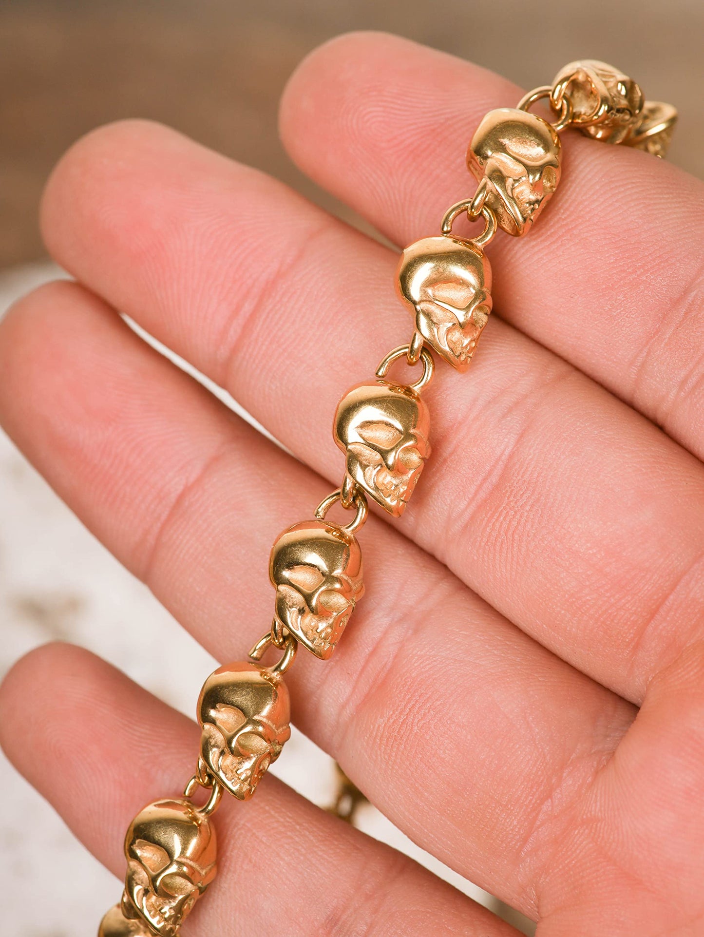 HAQUIL Gold Plated Stainless Steel Skull Bead Linked Bracelet for Men and Women, Skull Jewelry Gift