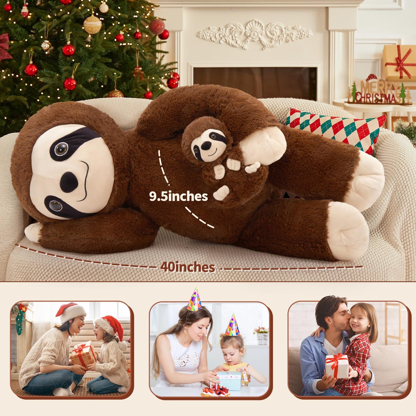 MorisMos Giant Sloth Stuffed Animal Hugging Plush Toys Duo,38" Big Mama and Baby Plush Sloth Toys for Kid Girl Boy,3ft Giant Stuffed Animals Gift for Birthday Baby Shower Decor Valentine's Christmas