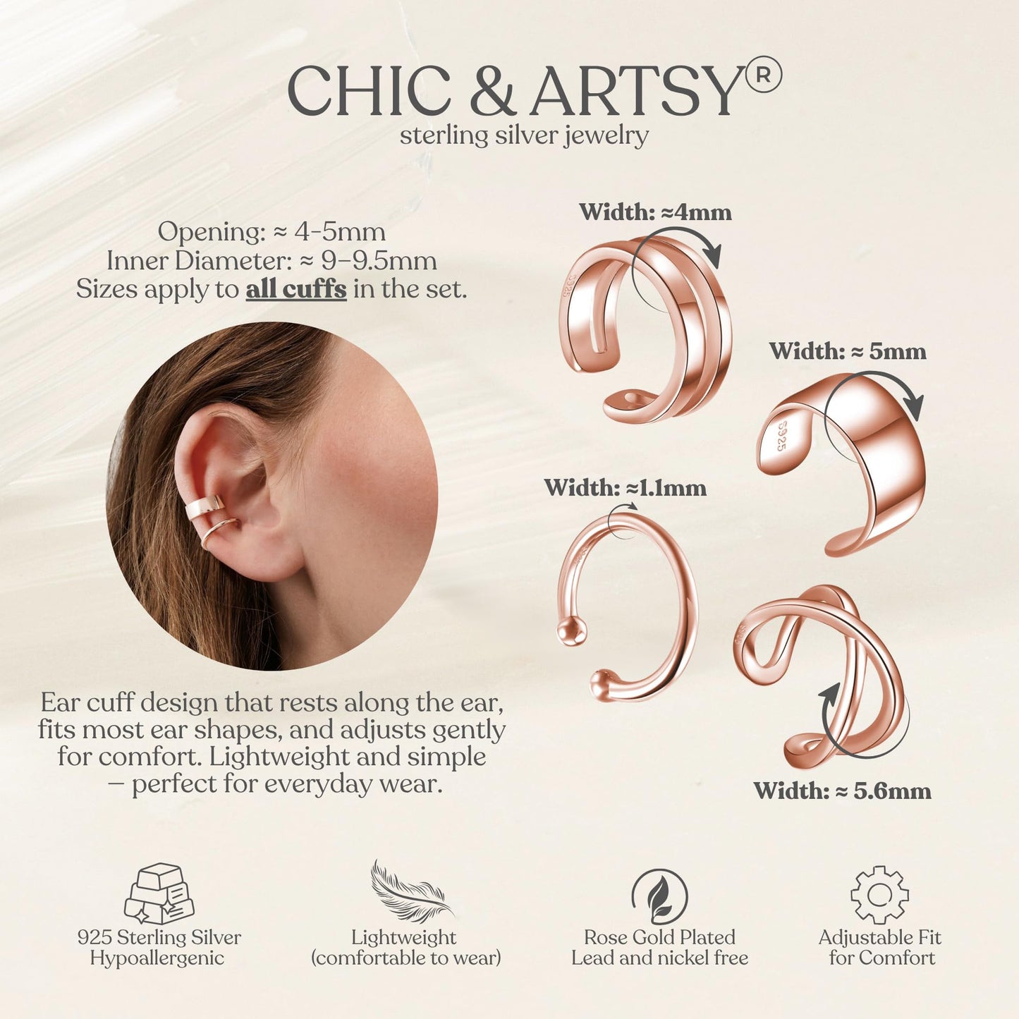 Ear Cuffs Rose 18K Gold Plated 925 Sterling Silver Fake Ear Cuffs Non Piercing Ear Conch Clip on Cartilage Earrings for Women Men 4 Various Styles