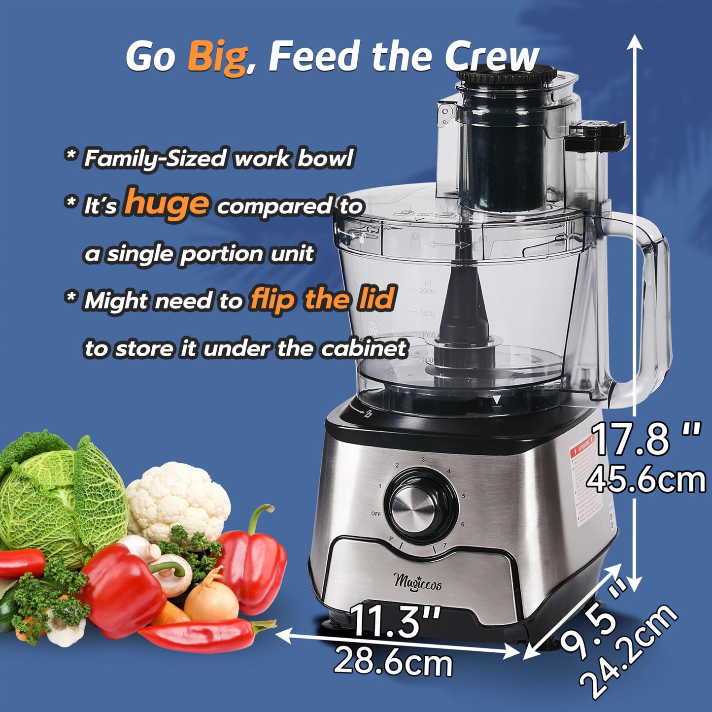 Magiccos 14-Cup French-Fry-Cutter Storage-Drawer Food-Processor - XL Bowl, Large Chute & Storage Drawer, Slicing & Shredding, Chopping & Mixing, For Fries, Cheese, Meat & Veggie Prep, For Home Kitchen