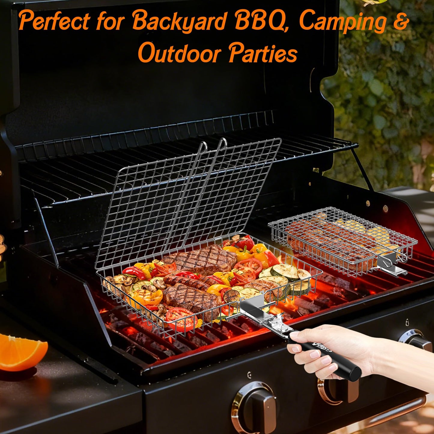 Grill Baskets for Outdoor Grill, 2PCS BBQ Grilling Basket with Removable Wooden Handle, Stainless Steel Camping Cooking Grill Accessories for Meat Fish Vegetable Seafood, Gifts for Men Dad Husband