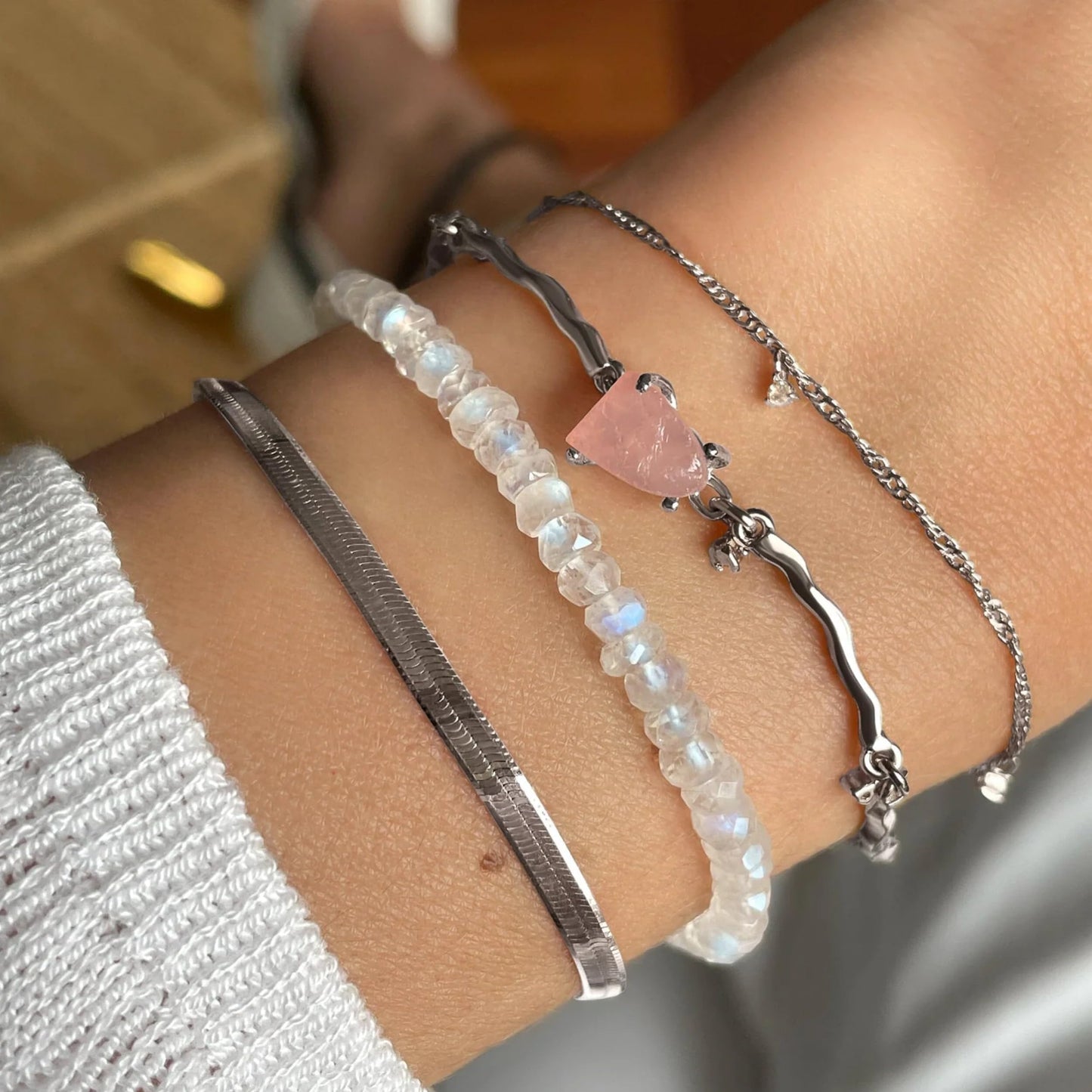 Moon Magic Moonstone Bracelet for Women | Black Obsidian, Rose Quartz Bracelet/Real 925 Sterling Silver | 18k Rose & Yellow Gold Rainbow Genuine Moonstone Jewelry for women | June Birthstone Bracelet