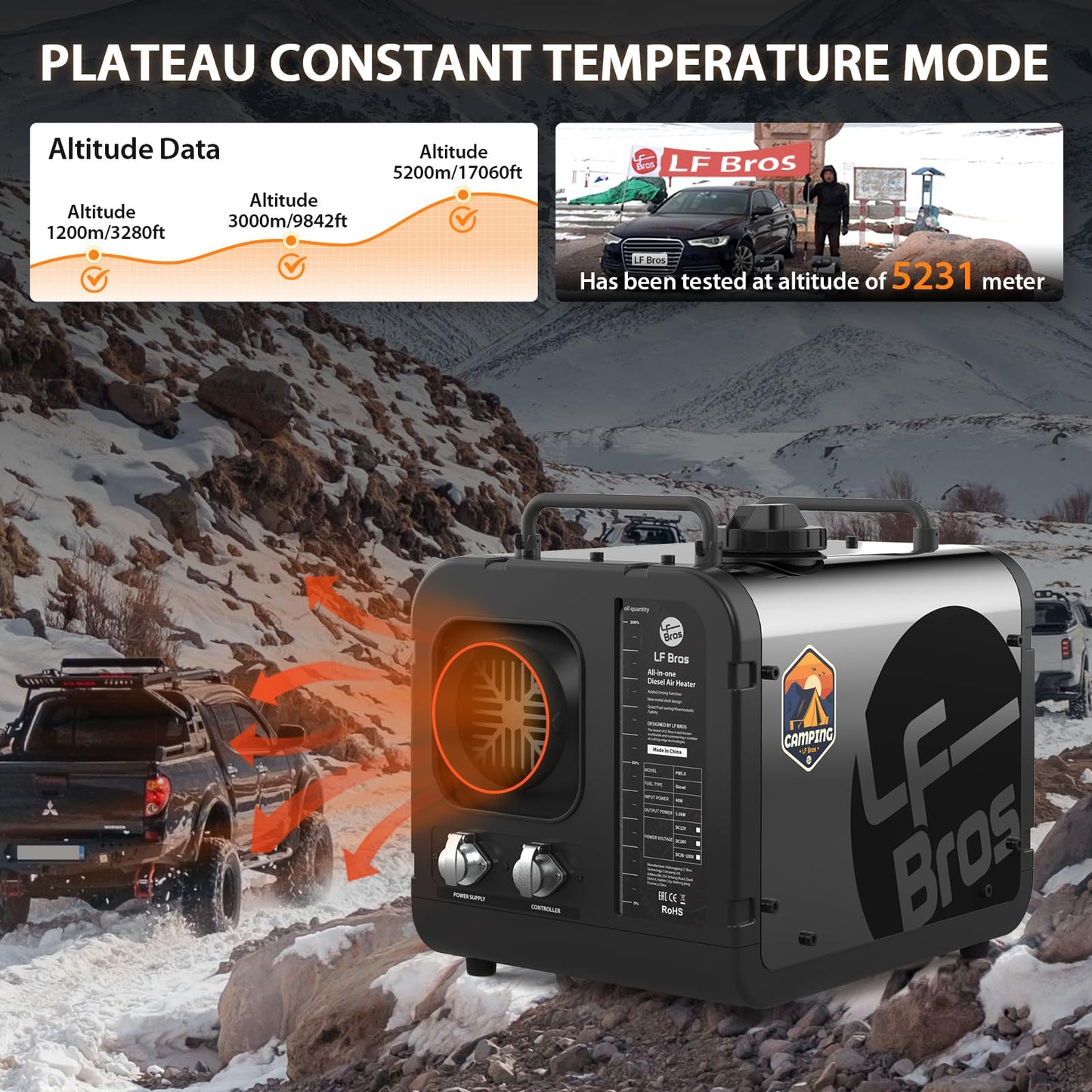 LF Bros Professional 110V/12V 5KW Diesel Heater, All-in-One 5L Air Diesel Space Heater with Timer, Thermostat, Plateau Mode, Suitable for Camping, Ice Fishing, Hunting, Black