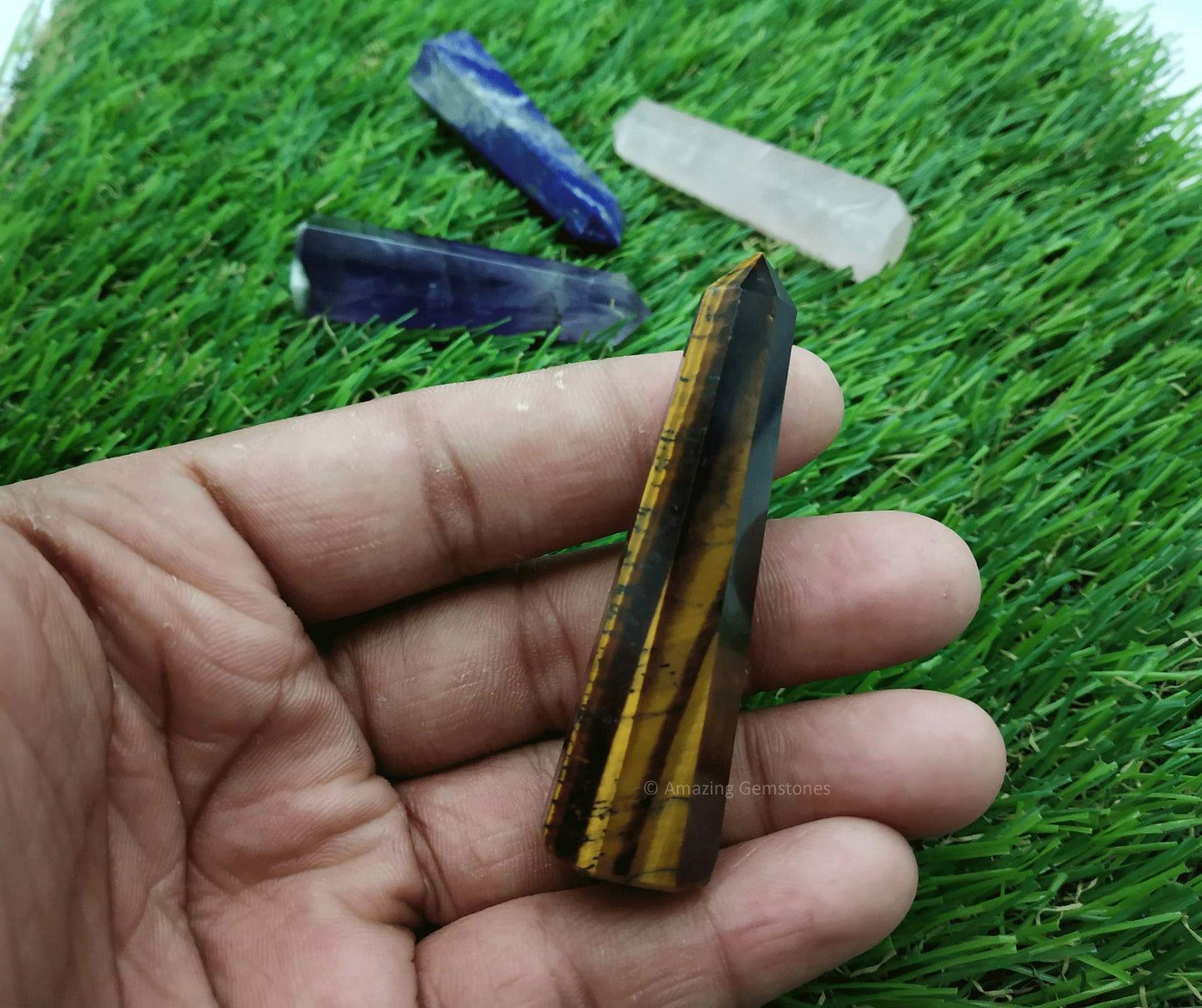 Amazing Gemstone Set of 4 Lapis Lazuli, Tiger Eye, Amethyst, Rose Quartz Crystal Towers - Natural Healing Crystal Point Obelisk for Reiki Healing and Crystal Grid (2 Inch to 3 Inch)