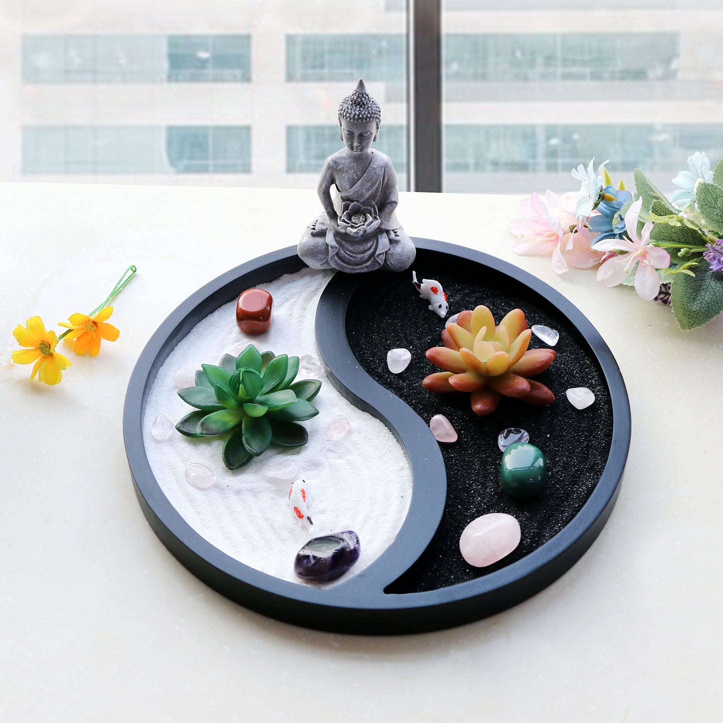 Buddha Meditation Zen Garden Kit - Home Office Tabletop Taiji Yin Yang Sand Garden Altar Zen Decor Zen Gifts DIY Mini Chakra Crystal Quartz Rock Garden w/ Nature Healing Stone Rake Tool
