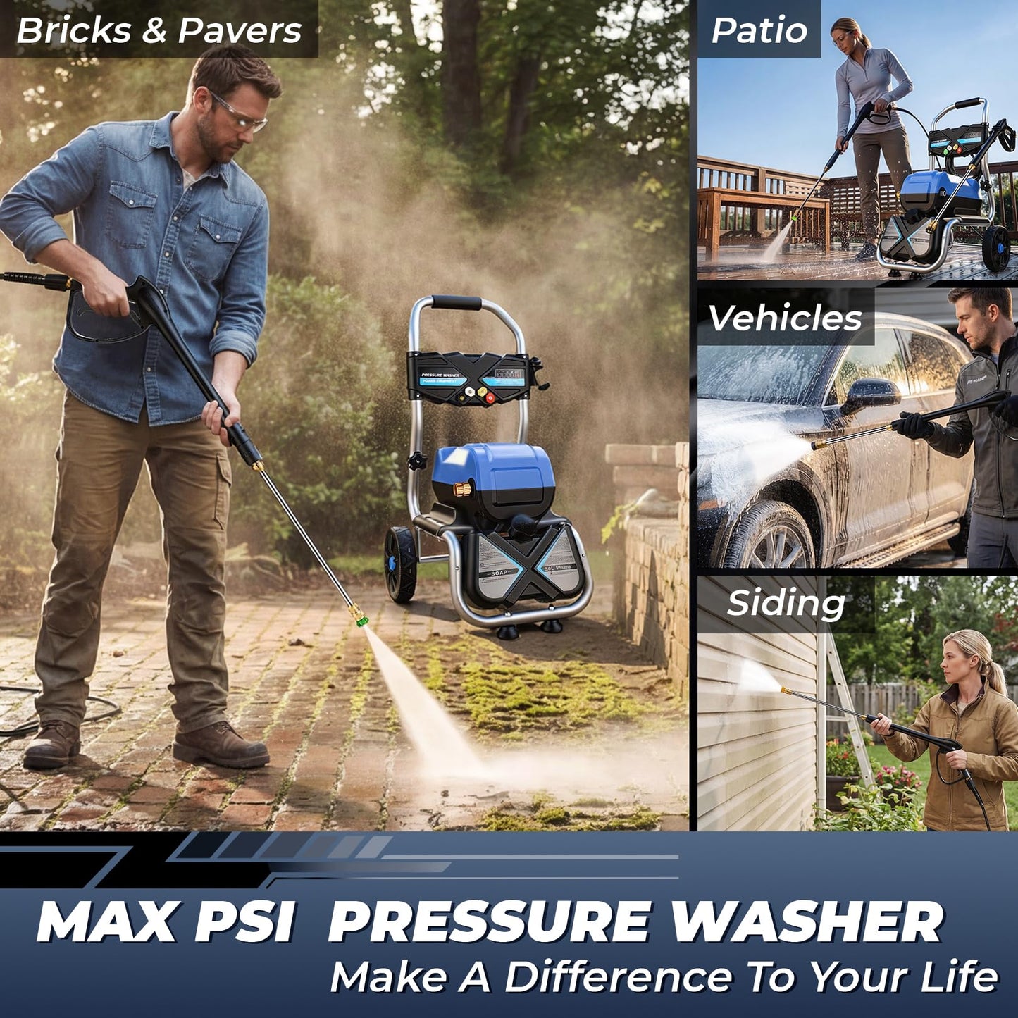 MAX 5000 PSI 4GPM Pressure Cleaner, 33FT Hose 3L Soap Bottle Professional Power Cleaner with 5 QC Nozzles 8" Wheels, Commercial Plug Powered Pressure Cleaner for Home Floor Car Yard, Blue, 27LBS