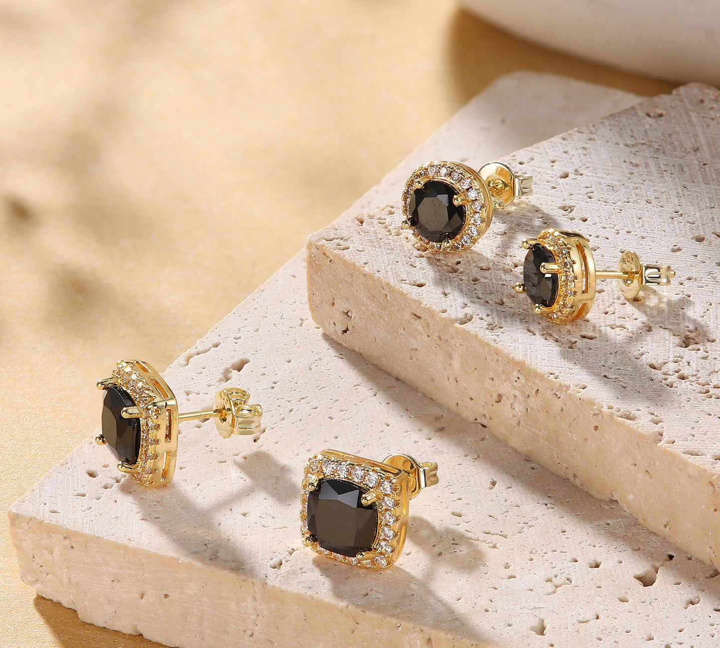 Hayoso Cubic Zirconia Stud Earrings for Women Men Sterling Silver Earring Post Hypoallergenic 14k Gold Plated Round&Square Earrings Gold&Black