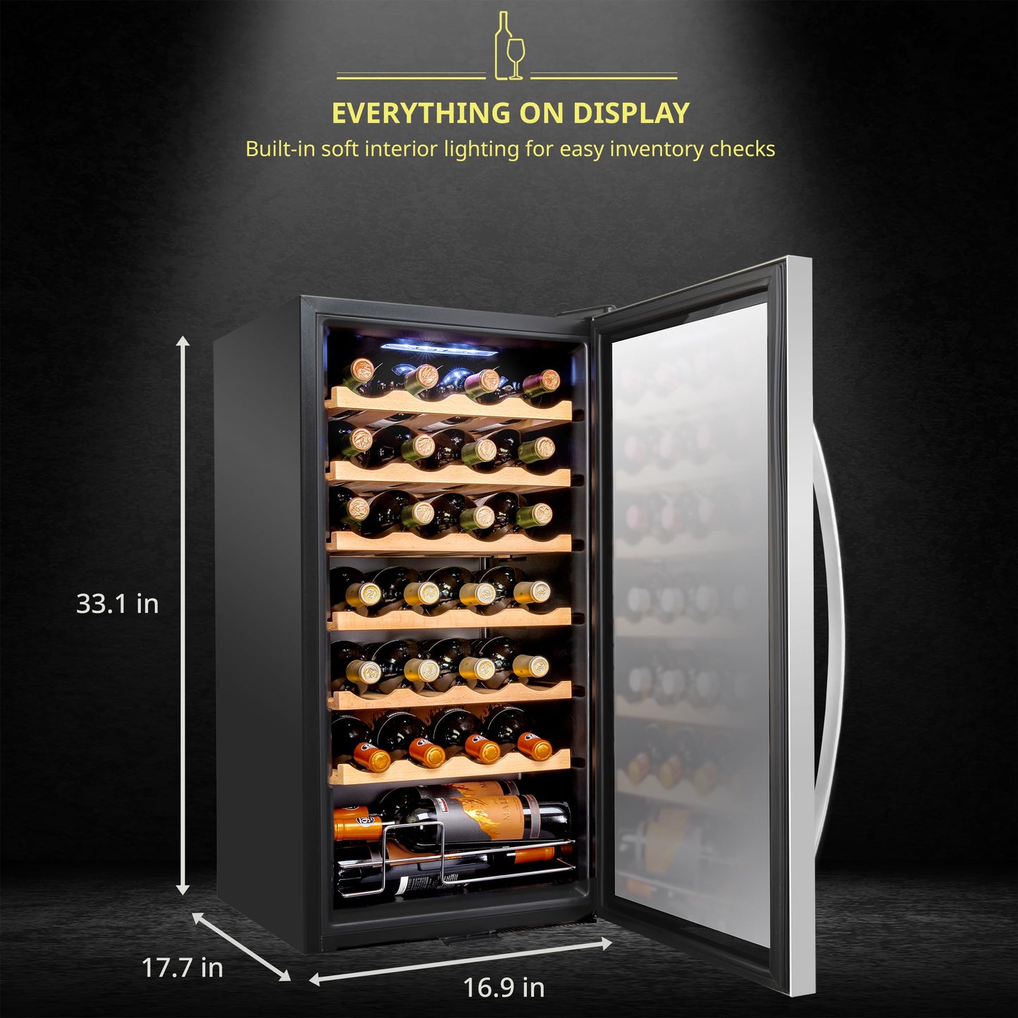 SCHMÉCKÉ 28 Bottle Compressor Wine Cooler Refrigerator w/Lock - Large Freestanding Wine Cellar For Red, White, Champagne or Sparkling Wine - 41f-64f Digital Temperature Control Fridge Stainless Steel
