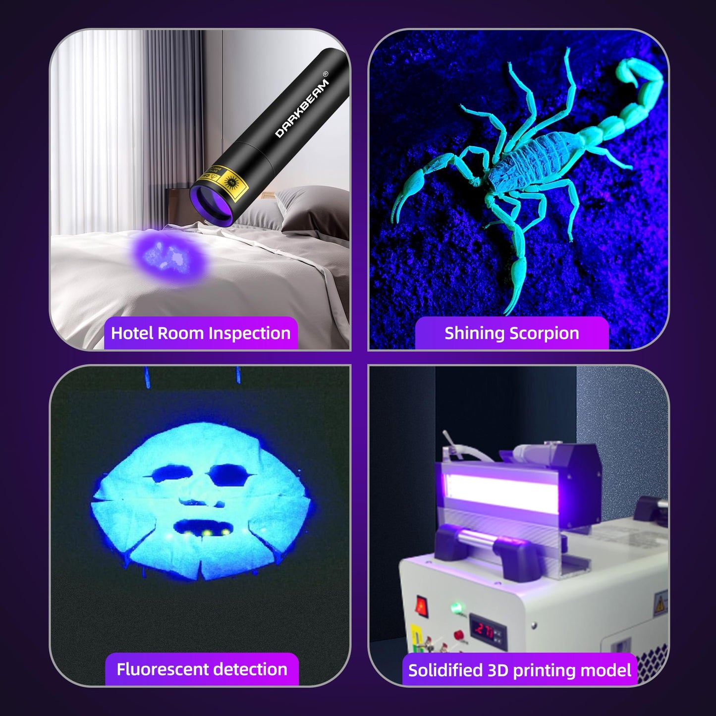 DARKBEAM Flashlight UV Black Light 395 NM, Mini but Powerful USB- C LED Rechargeable Woods Lamp, Ultraviolet Flashlights for Pet Urine, Stains Detection, Resin Curing, Fluorescent Agent, 2 Pack