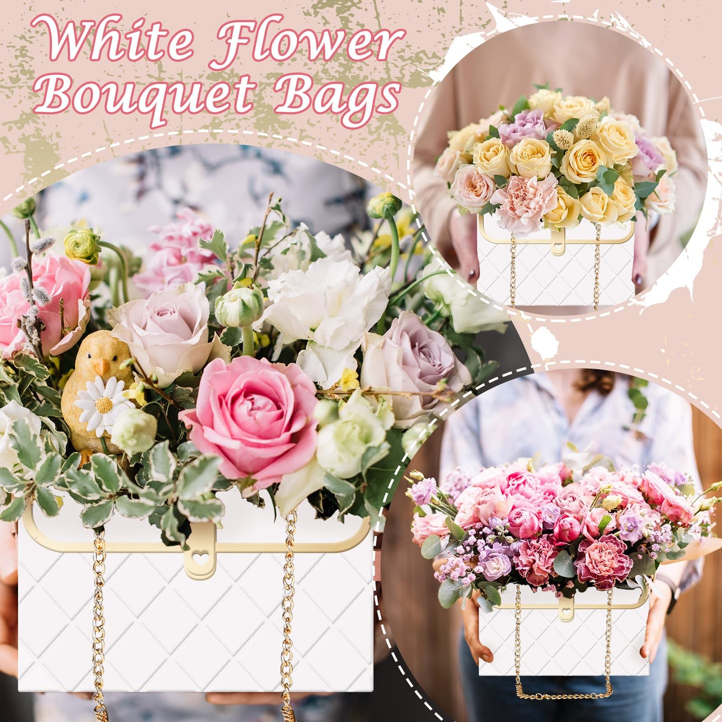 Whaline 6 Pcs White Paper Flower Bags with Metal Chain Bouquet Storage Bucket Florist Boxes Flower Wrapping Basket Handbags for Mother's Day Wedding Birthday Party Gift Supplies