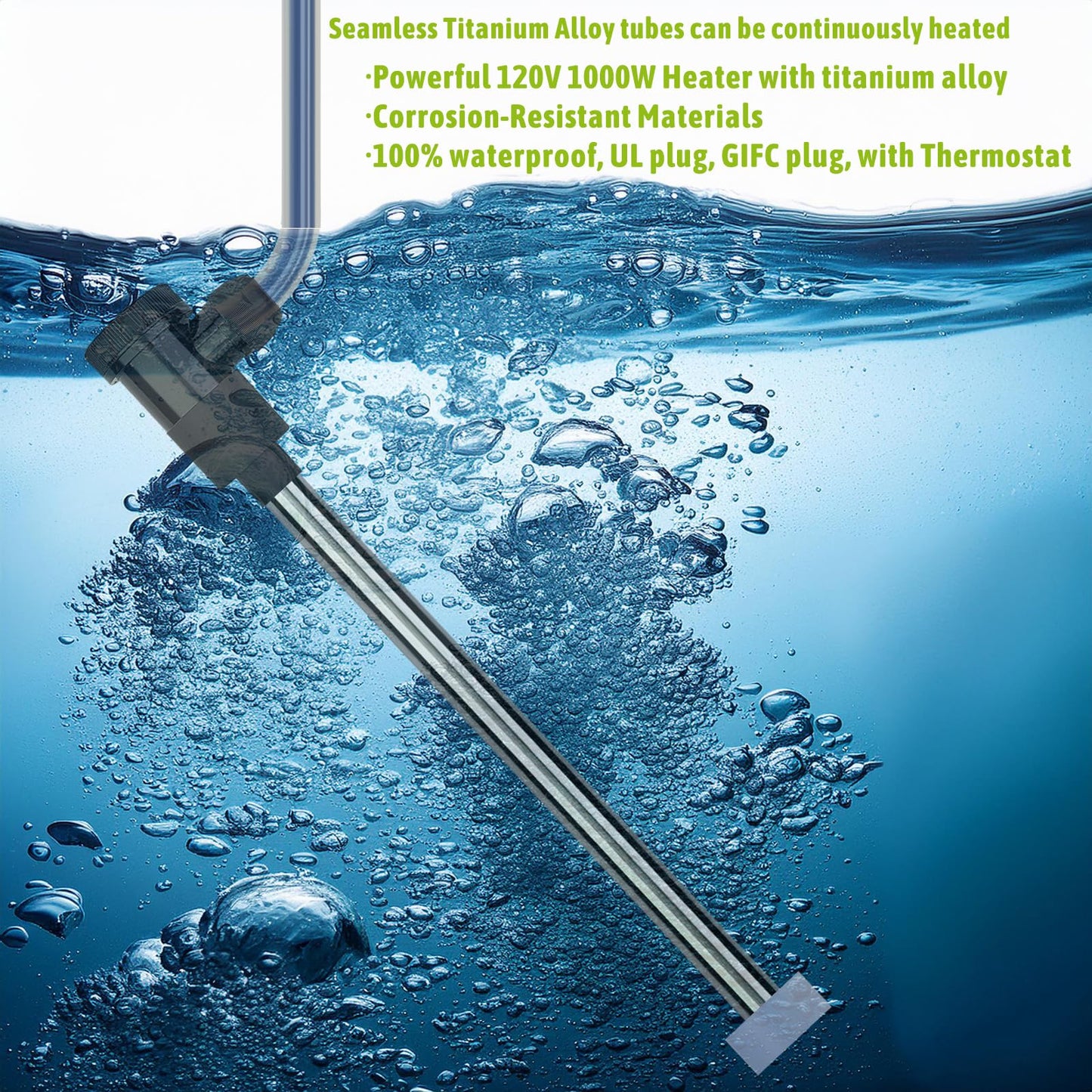 LINGLONGTEMP 1000W Titanium Submersible Hot Tub & Pool Portable Electric Immersion Water Heater with Temp Control & GFCI for Bathtubs, Buckets, Baptism Pool, Inflatable Pool, Baptistry & Sap tub
