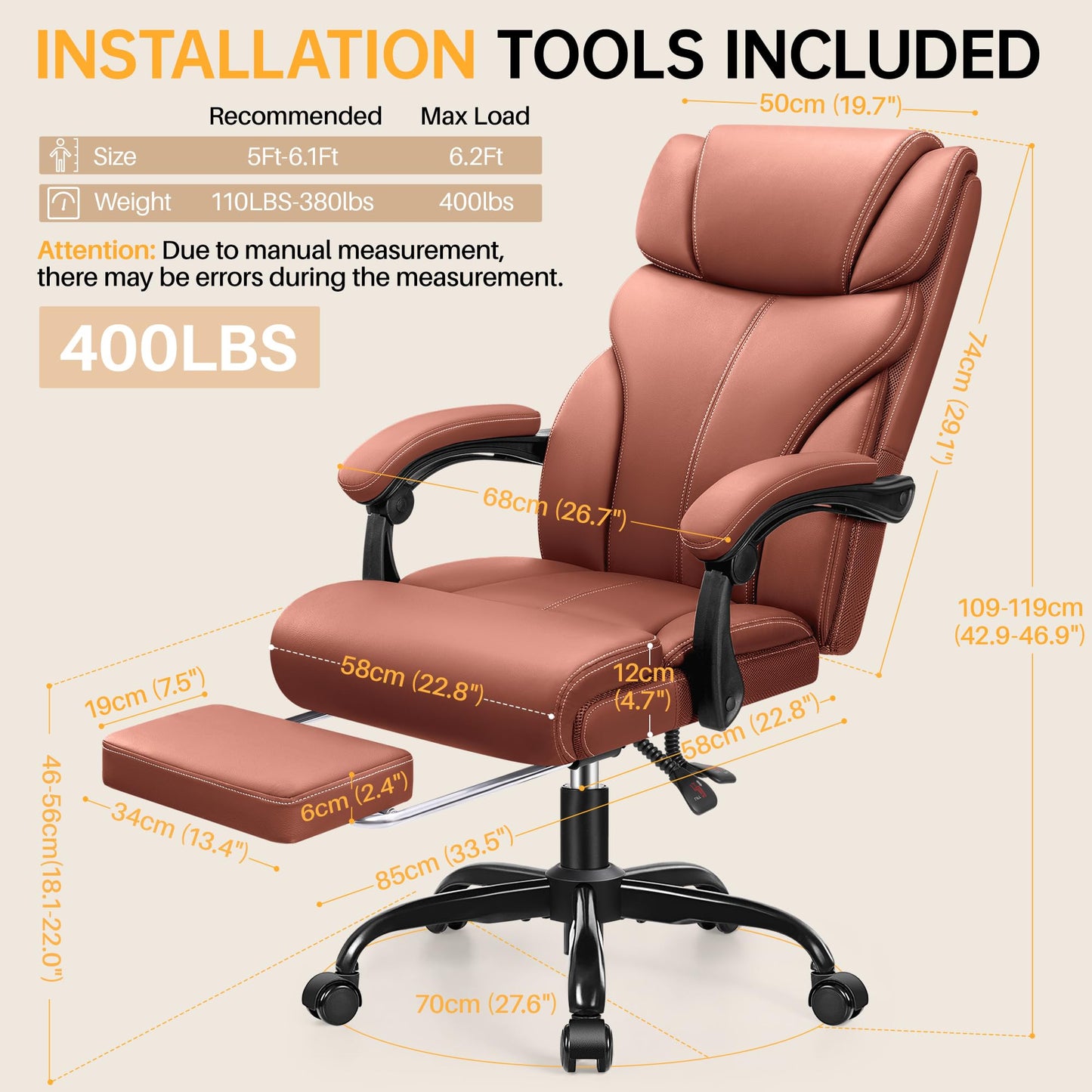 HeroSet Office Chair, Executive Big and Tall Leather Desk Chairs with Footrest, Ergonomic Breathable Computer Chair with Adjustable High Back, Lumbar Support Swivel PC Chairs with Rocking Function