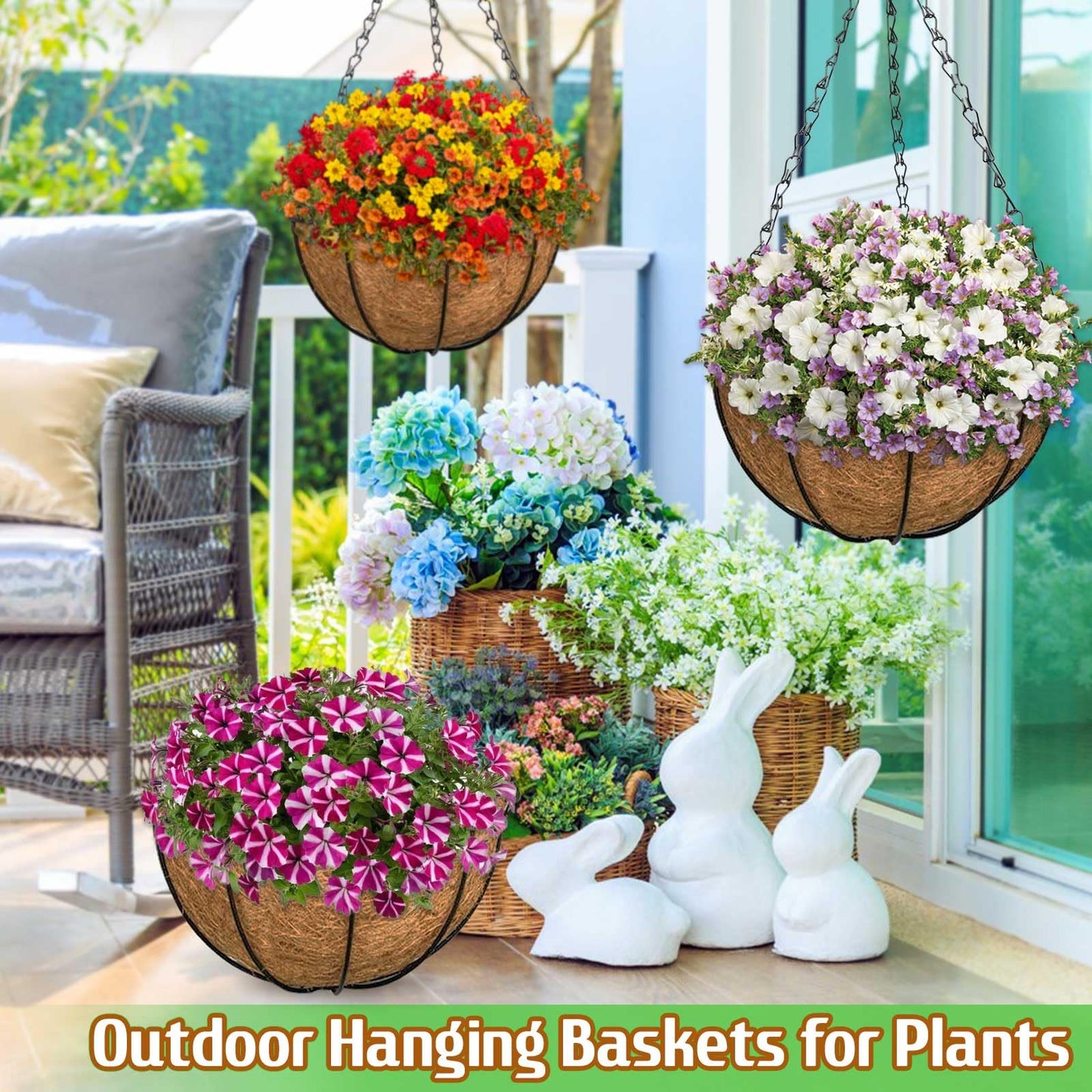 ZeeDix 3 Pack 14 Inch Hanging Baskets for Plants Outdoor Indoor, Metal Hanging Planters Flower Pots with Coco Liners Replacement, Decor Garden Flowers Vegetables Plants