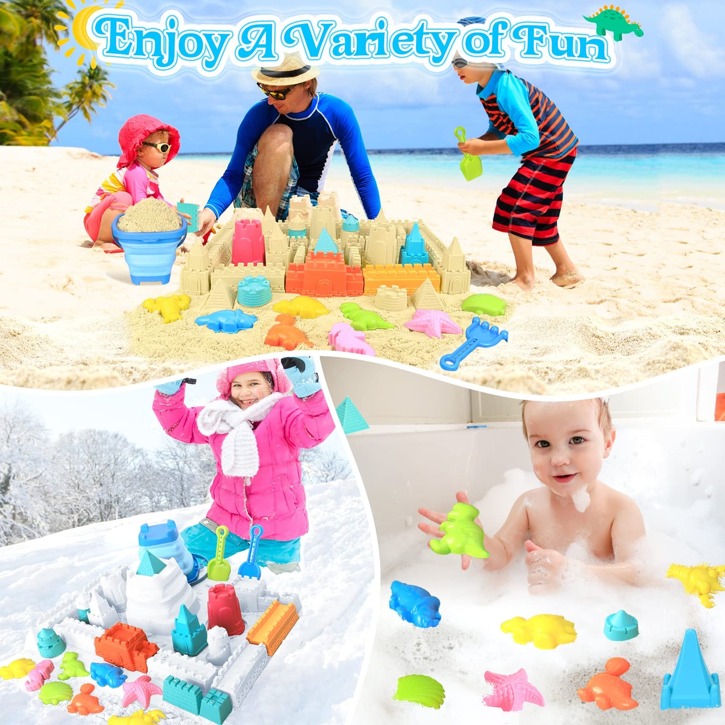 Collapsible Beach Toys for Kids Toddlers, Collapsible Sand Bucket and Shovels Set with Mesh Bag,Travel Sand Castle Building Kit, Sandbox Toys, Foldable Beach Essentials for Toddlers Kids Age 3-10 