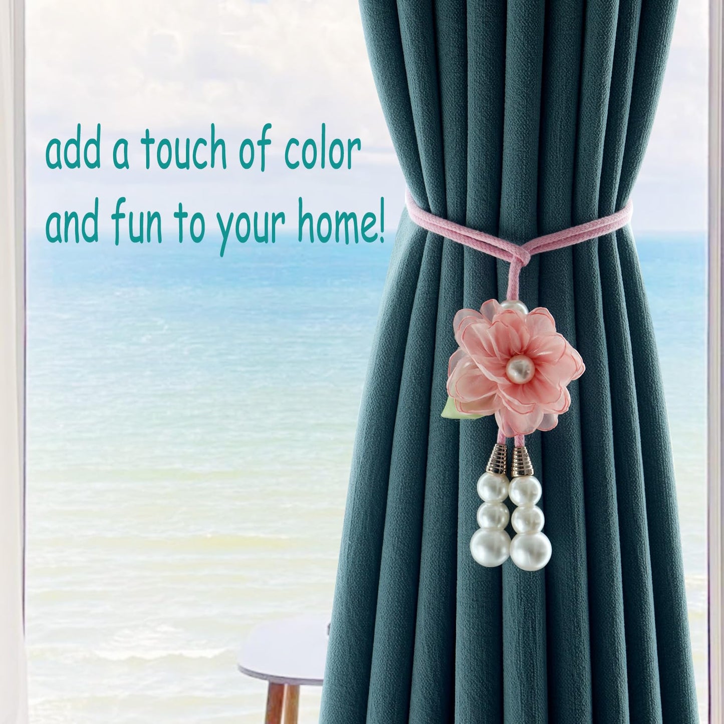 Adjustable Curtain Tiebacks, 4-Pack Hand-Woven Rope with Silk Flower & Pearl, Decorative Window Cord Holders for Drapery, Long Loop Design for All Curtain Thickness (Pink)