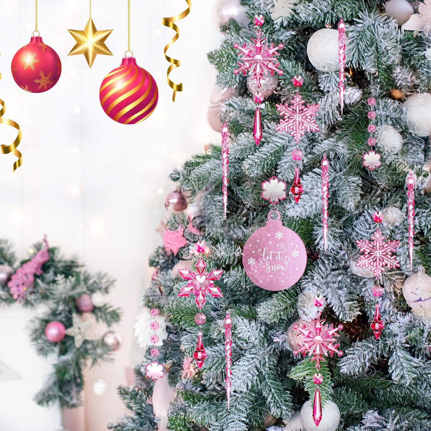 Cinnvoice 24 Pcs Christmas Pink Acrylic Snowflake Ornaments Decoration Set, Crystal Christmas Tree Hanging Pink Clear Flat Ornaments for Xmas Winter Holiday Craft Party Celebration