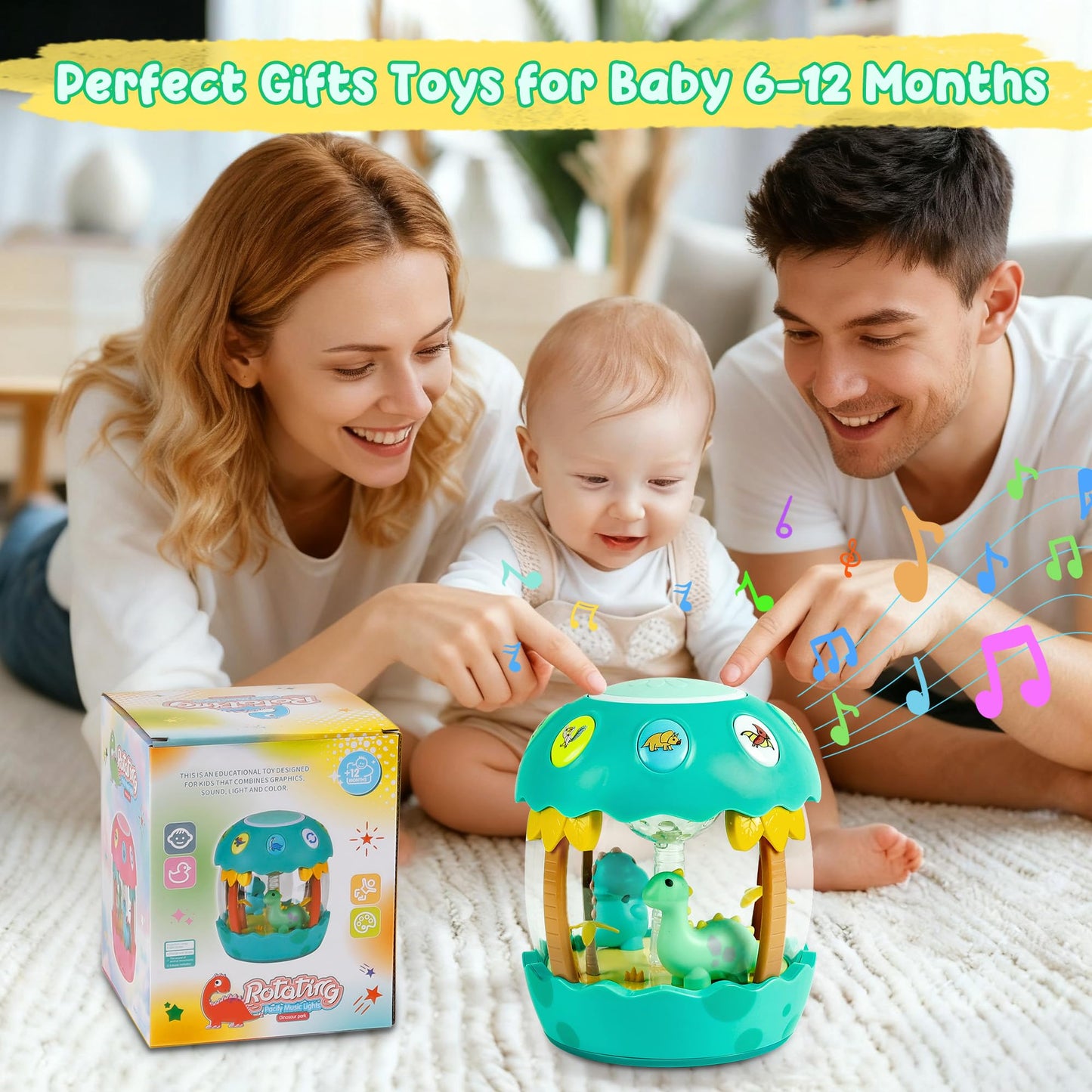 M SANMERSEN Baby Boy Toys 6-12 Months, Dinosaur Rotating Light Up Musical Baby Toys for 0-6 12-18 Months Newborn Infant Crawling Tummy Time Toys, Birthday Easter Gifts for Baby Boys- Green