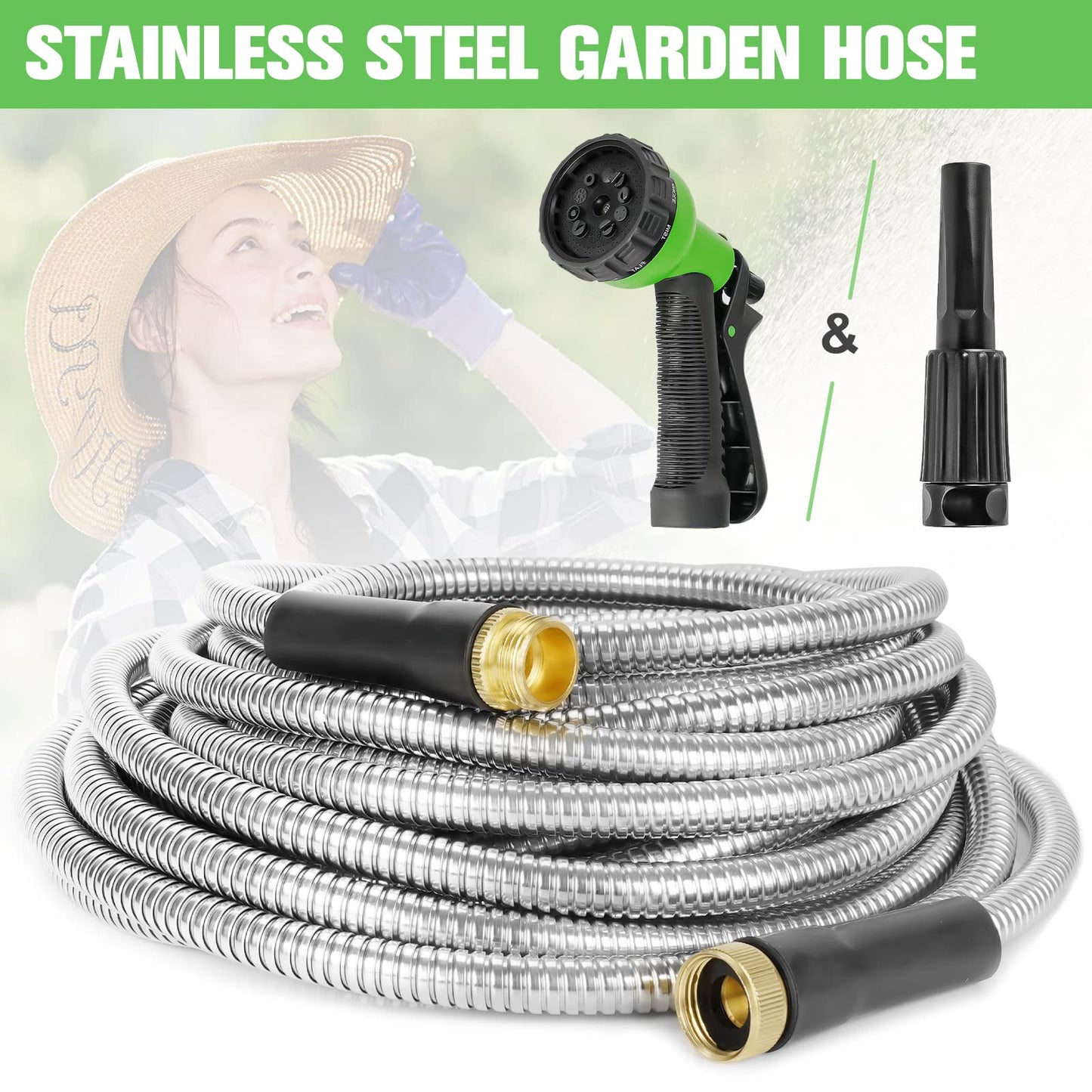 TVKB Metal Garden Hose 150ft Stainless Steel Water Hose Super Tough Flexible Water Pipe with 3/4 inch Brass Fittings and Sprayer Nozzle, Kink & Tangle Free, Rust Proof