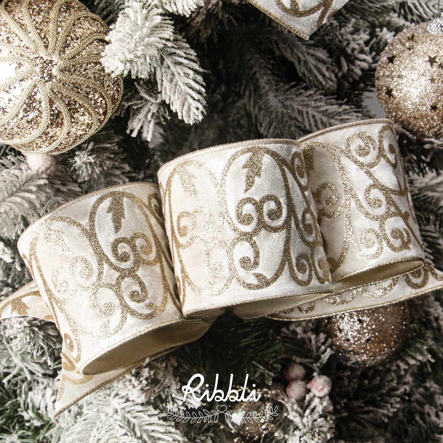 Ribbli Ivory Velvet Ribbon Wired with Glitter Swirl 4 Inch Christmas Ribbon for Christmas Tree Decoration Big Bow Gift Wrapping Crafts Wreaths Supplies - 10 Yards