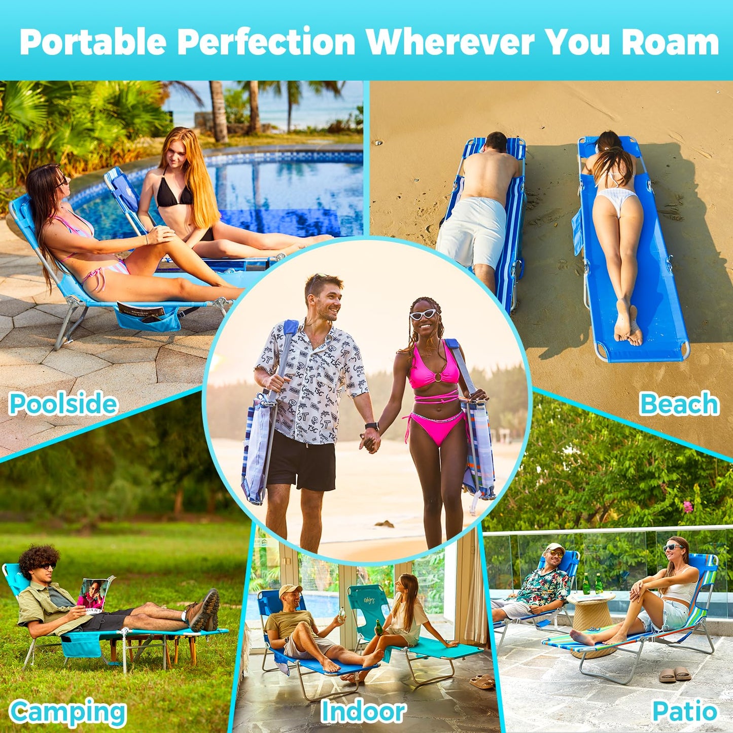 #WEJOY Folding Tanning Chair with Face Hole, 5 Positions Face Down Beach Lounge Chairs with Pillow for Outside Sunbathing Poolside (Cyan)
